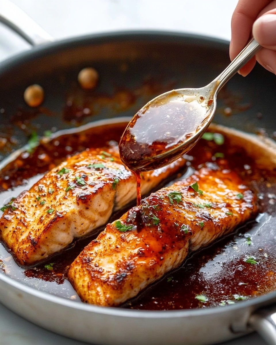 Honey Garlic Soy Glazed Salmon, honey garlic soy salmon, easy salmon dinner, flavorful salmon recipes, quick weeknight salmon The image shows two golden-brown cooked fish fillets in a metal pan, each covered with a shiny, dark reddish-brown sauce that is being spooned over one fillet by a woman's hand holding a silver spoon. The fish surface looks slightly crispy with small green herb sprinkles on top. The pan has a well-used brownish and slightly oily texture around the edges, and a rich layer of sauce pools at the bottom, reflecting light. The close-up view focuses on the top fillet with a soft white marbled background slightly blurred.