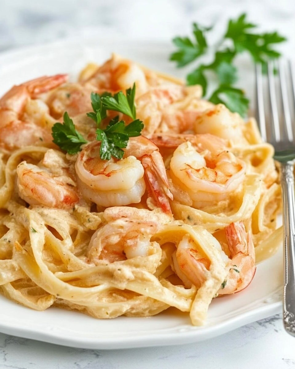 Shrimp Fettuccine Alfredo, creamy shrimp pasta, easy shrimp Alfredo, seafood pasta recipes, quick weeknight dinner A white plate holds a serving of fettuccine pasta covered in a creamy white sauce. On top of the pasta are several cooked shrimp with a light pink and orange color. Small green parsley leaves are scattered on the shrimp and pasta, adding contrast. A silver fork rests on the right side of the plate. The plate is placed on a white marbled surface.