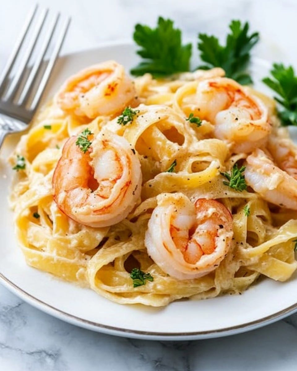 Shrimp Fettuccine Alfredo, creamy shrimp pasta, easy shrimp Alfredo, seafood pasta recipes, quick weeknight dinner The image shows a white plate with five to six pieces of thick, creamy fettuccine pasta mixed with six large, pink shrimp. The shrimp have a slight orange tint and some seasoning. On top and around the pasta, there are small green parsley leaves adding color. A silver fork and spoon rest next to the plate on a white marbled surface. The background is simple and bright.