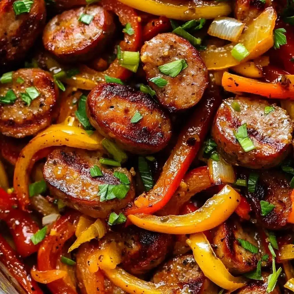 Sausage and Peppers Skillet, sausage and peppers dinner, one-pan sausage meal, quick sausage skillet recipe, easy sausage peppers dish The image shows a close-up of cooked sausage slices mixed with colorful strips of red, yellow, and orange bell peppers and translucent white onions. The sausage pieces are browned with a slightly shiny texture, scattered among the soft and slightly charred pepper strips and tender onion slices. Green slices of spring onions and small sprigs of fresh parsley are sprinkled on top as a garnish. The dish has a warm, vibrant look with a mix of smooth and slightly crispy textures.
