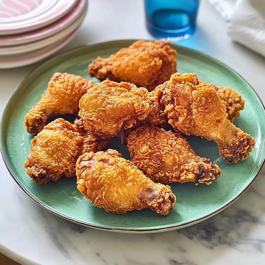 Buttermilk Fried Chicken, crispy fried chicken, southern fried chicken, tender fried chicken recipe, homemade fried chicken A green round plate filled with nine pieces of crispy fried chicken arranged close together, each piece showing a crunchy and golden brown crust with textured, rough spots and some darker fried areas, the plate placed on a white marbled surface with a blue glass of water and a stack of white plates with pink stripes partially visible on the left side,