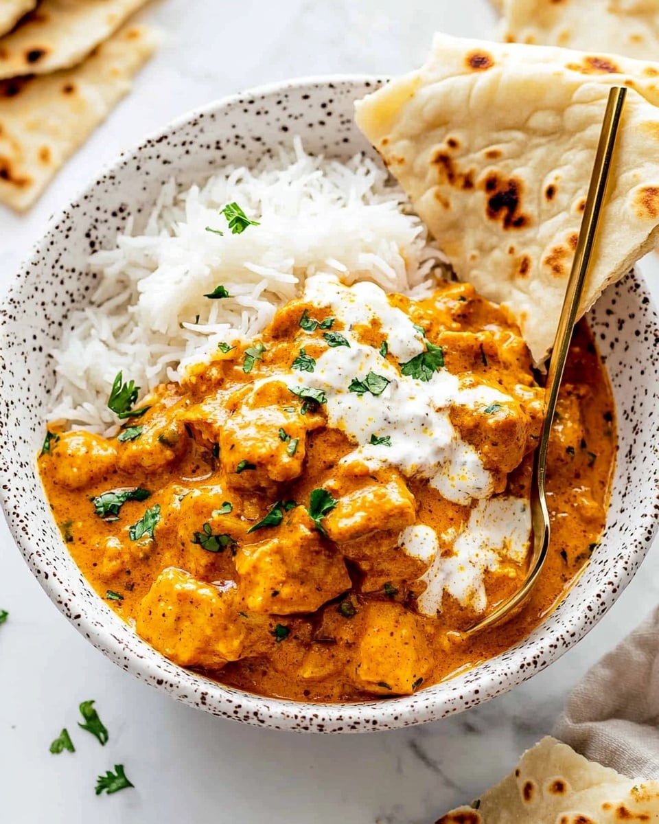 Instant Pot Chicken Tikka Masala, easy Indian chicken curry, quick weeknight dinner ideas, healthy Instant Pot recipes, restaurant-quality Indian food A white bowl sits on a white marbled surface, filled with a layer of fluffy white rice at the bottom, topped with thick chunks of orange-brown curry chicken mixed with small pieces of herbs and spices visible in the sauce. The curry has a creamy texture with bits of green herb sprinkled on top, adding color contrast. On one side of the bowl, there are folded pieces of flatbread resting partly on the rice, showing light brown toasted spots on the bread's soft white surface. A metal spoon is placed in the bowl, ready for serving. The overall look is warm and inviting, with textured layers standing out clearly.