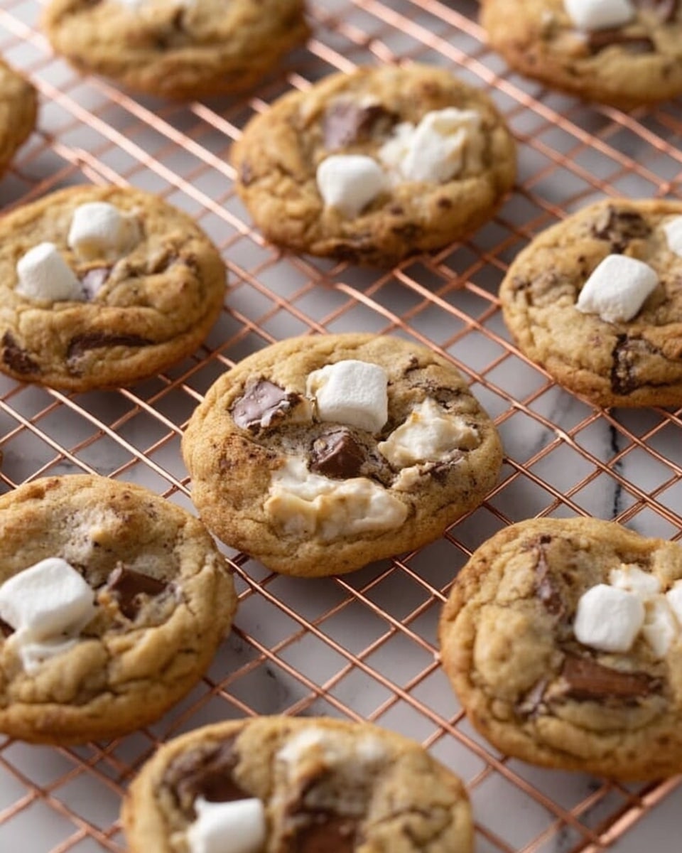The image shows two thick cookies on a white plate with blue floral designs, each cookie filled with chunks of light brown chocolate and small white marshmallows, giving a bumpy texture. The plate sits on a soft pink cloth on a white marbled surface with scattered marshmallows and rectangular pieces of dark brown chocolate around it. To the side, there is a clear glass filled with white milk, and some square graham crackers are placed nearby. The scene is warmly lit, highlighting the soft texture of the cookies and the smoothness of the milk. photo taken with an iphone --ar 4:5 --v 7