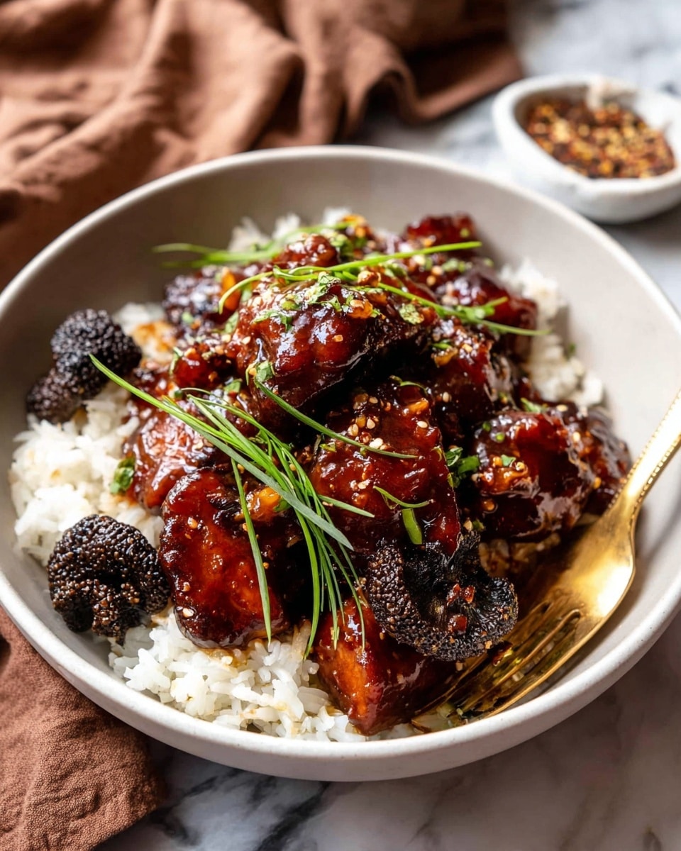 A bowl filled with a base layer of white rice, topped with several pieces of dark brown glazed chicken coated in a sticky, shiny sauce with small bits of garlic or nuts. Among the chicken pieces are crispy, dark green or black vegetable pieces, likely cooked to a crunchy texture. There are long, thin green onion strips scattered on top for garnish. The bowl is white and rests on a white marbled surface, with a gold-colored fork placed inside the bowl on the right side. photo taken with an iphone --ar 4:5 --v 7