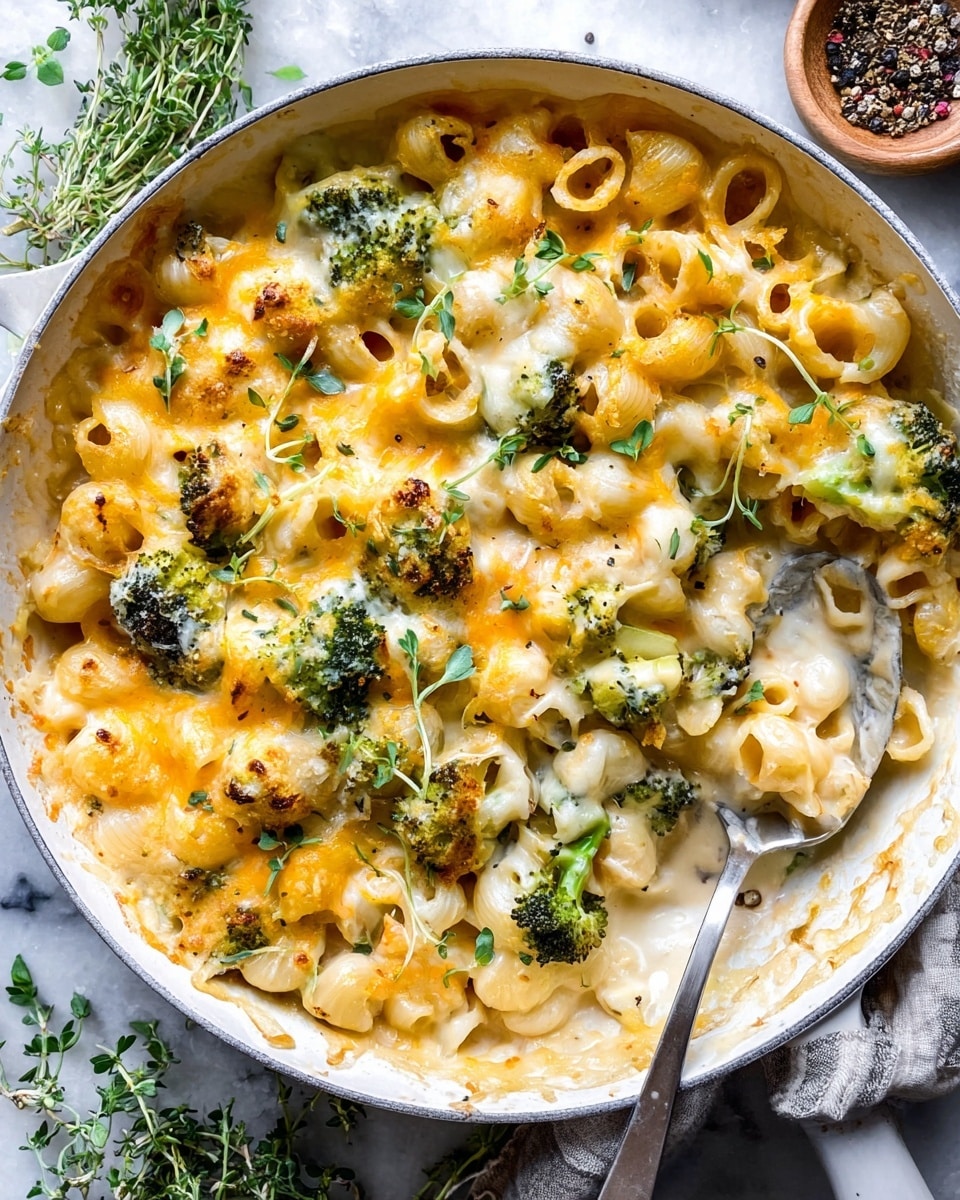A white round pot filled with creamy baked pasta, showing multiple layers: the bottom has pale yellow cooked pasta shells mixed with small green broccoli pieces, covered by a smooth, light cream sauce. The top layer has melted golden and pale orange cheese that is bubbly and slightly browned in spots. Scattered fresh green herb sprigs add color and freshness on the surface. A black spoon lifts a portion, revealing the creamy inside. The pot rests on a white marbled surface with a light gray cloth nearby and some small bowls with herbs and pepper in the background photo taken with an iphone --ar 4:5 --v 7