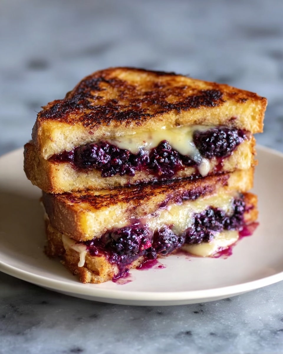 Two triangular sandwiches stacked on a white plate, each sandwich showing a golden-brown toasted bread layer on top and bottom with a juicy, dark purple blackberry filling oozing out. Several fresh blackberries sit on top of the sandwiches and one blackberry rests on the plate. The plate is set on a white marbled surface. Photo taken with an iphone --ar 4:5 --v 7