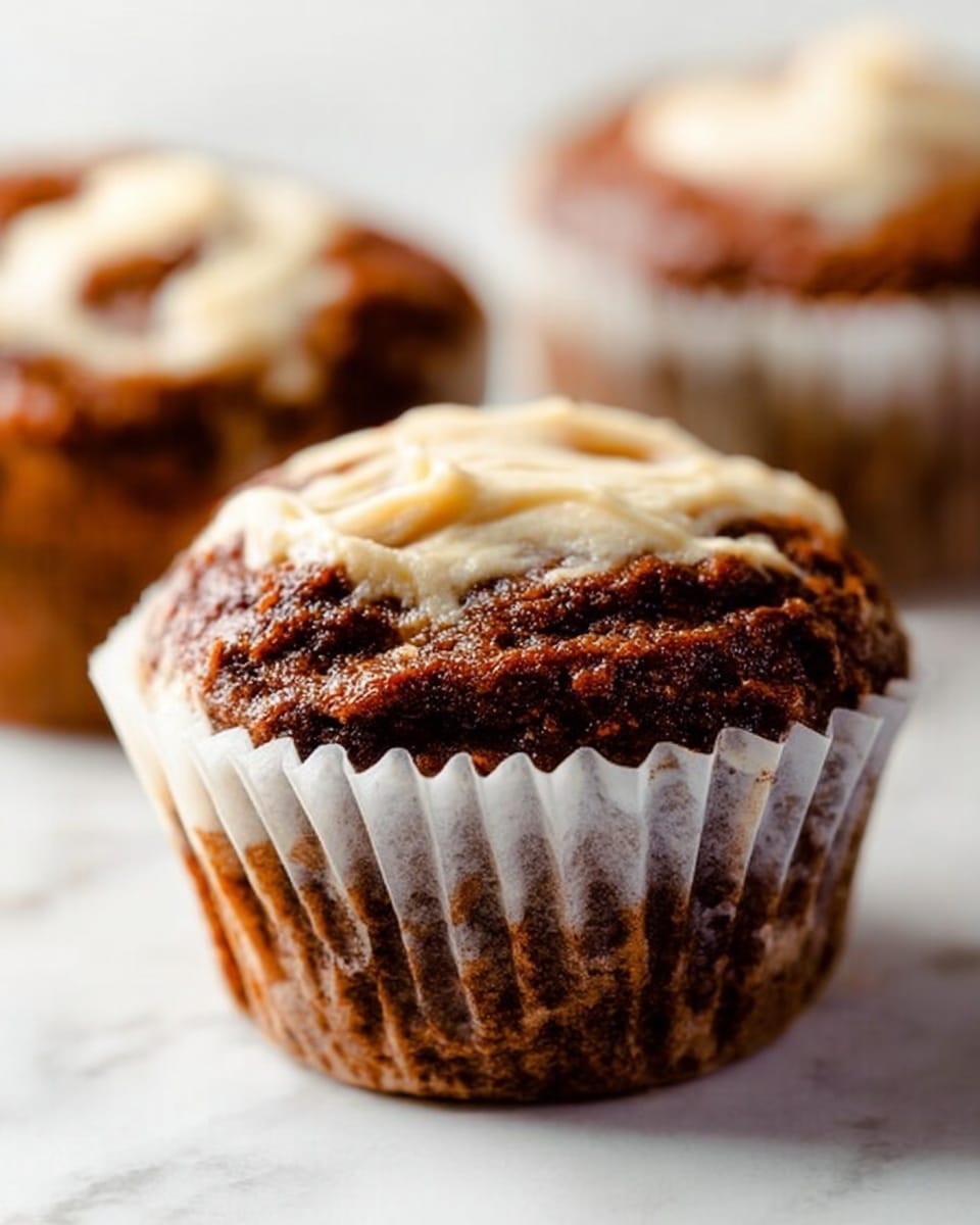 A close-up view of a muffin with a rough, uneven surface showing swirls of light beige and dark brown layers mixed through the top. The muffin sits in a crinkled, light beige paper liner that stretches outward in soft folds, placed on a white marbled surface. Other similar muffins are partially visible around the main one, all in matching paper liners. The light reflects softly off the swirled texture of the muffin, highlighting its moist and uneven top. photo taken with an iphone --ar 4:5 --v 7