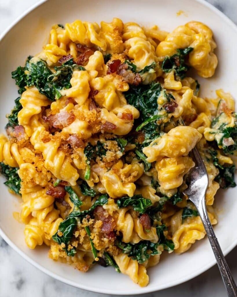 Cheesy Baked Pumpkin Pasta with Pancetta, Kale, and White Beans Recipe