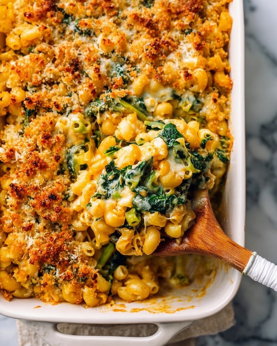 The image shows a white rectangular baking dish filled with a layered pasta bake. The top layer is golden brown and crispy from baked breadcrumbs and cheese. Below this is a thick layer of elbow macaroni pasta mixed with green leafy vegetables, giving the dish bright green spots among the creamy orange pasta. A wooden serving spoon with a white handle lifts a portion from the dish, showing the noodles, melted cheese, and greens clearly. The dish rests on a white marbled surface. Photo taken with an iphone --ar 4:5 --v 7