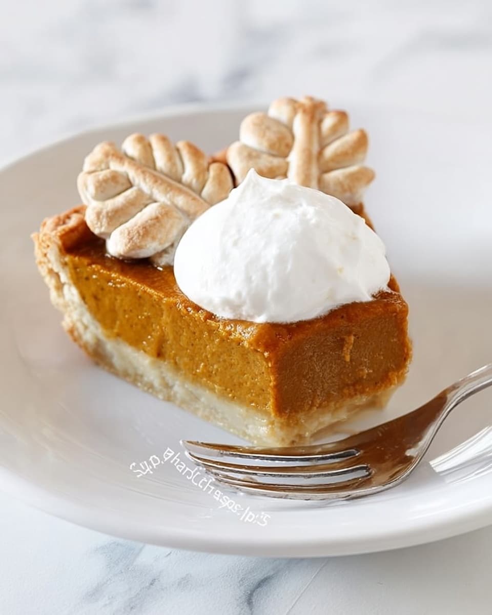 A single slice of pumpkin pie with three small pastry leaves on top and a generous dollop of white whipped cream in the center rests on a white plate. The pie has three visible layers: a light golden crust at the bottom, a thick, smooth orange pumpkin filling in the middle, and the decorative pastry leaves lightly browned on top. A silver fork lies near the pie on the white marbled surface background photo taken with an iphone --ar 4:5 --v 7