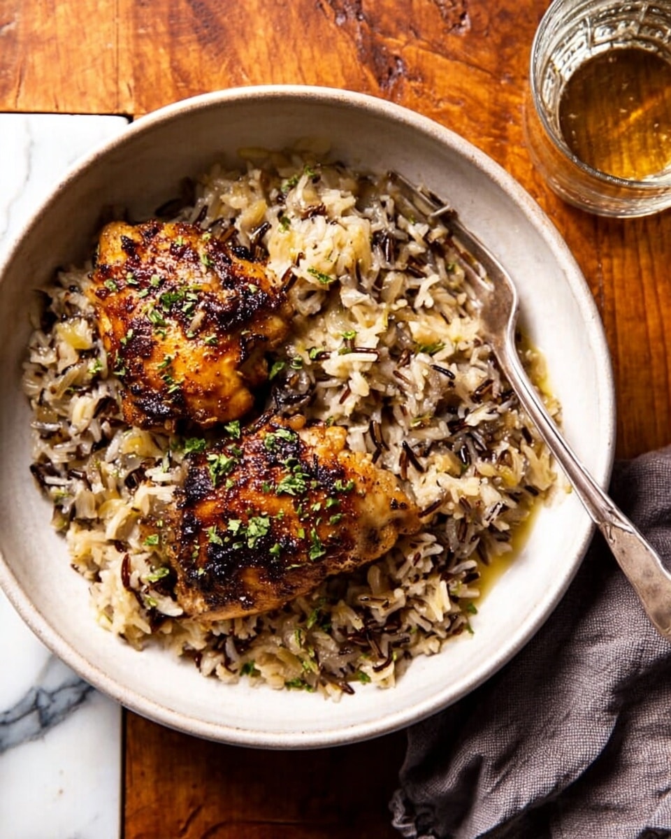 A white bowl filled with a creamy rice dish mixed with pieces of mushrooms and small bits of green herbs. On top of the rice, there is a browned, seasoned piece of meat that looks tender and juicy. The rice is light brown and white with a soft texture, and there are two silver forks resting inside the bowl. The bowl is placed on a white marbled surface with a gray cloth nearby. Photo taken with an iphone --ar 4:5 --v 7