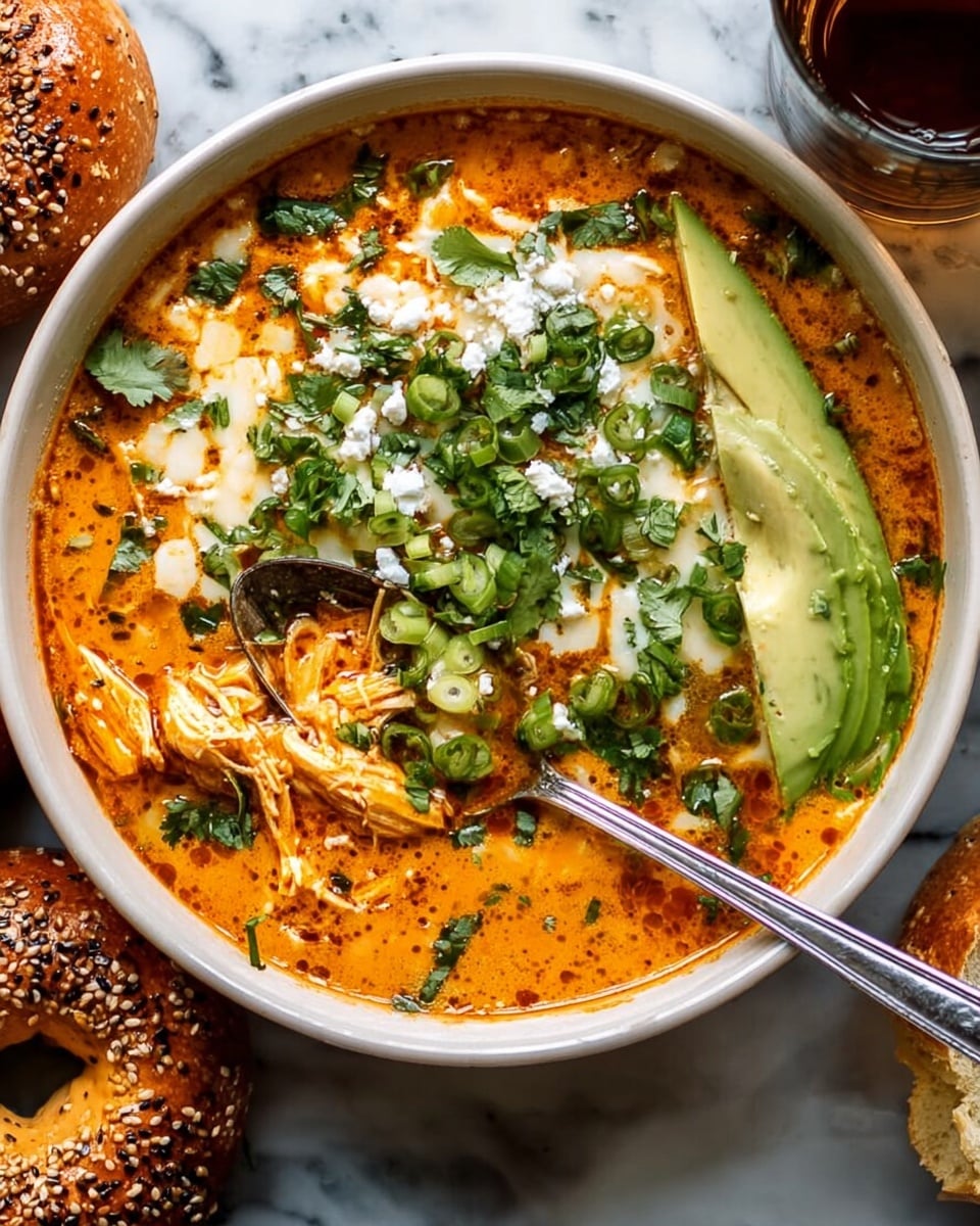 A white bowl is filled with a thick, chunky stew that has a rich brownish-orange base with visible pieces of beans, ground meat, and chopped carrots. On top, there are slices of green jalapeño, small dollops of white sour cream, and crumbles of blue cheese, adding white and pale blue accents. Fresh green herbs, like chopped cilantro and green onions, are sprinkled over the stew, giving a fresh, vibrant contrast. A silver spoon is placed inside the bowl on the right side. The bowl sits on a white marbled surface with small bits of blue cheese scattered nearby. Photo taken with an iphone --ar 4:5 --v 7