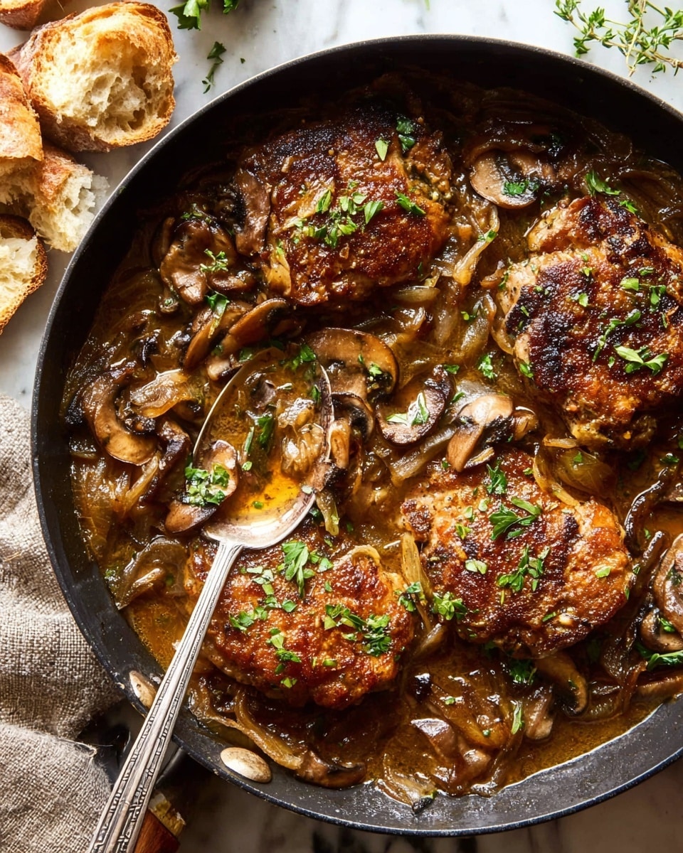 The image shows a black pan filled with a rich brown sauce with visible textures of cooked sliced mushrooms and caramelized onions. On top are four pieces of browned cooked meat, each piece having a crispy golden-brown crust and sprinkled with fresh green herbs for color contrast. The sauce has a thick and glossy look, surrounding the meats and vegetables evenly. A silver spoon rests inside the pan partially covered by the sauce, showing some reflections from the light. In the background, pieces of torn bread and some green herb sprigs are scattered on a white marbled surface, adding to the rustic feel of the scene. Photo taken with an iphone --ar 4:5 --v 7