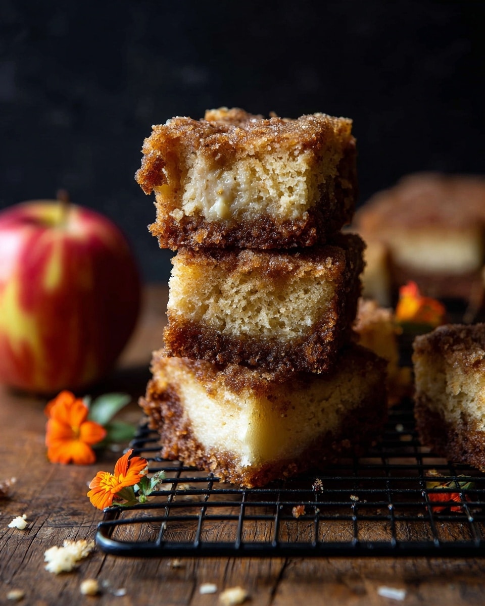 A close-up of a stack of four square pieces of cake on a black wire cooling rack over a wooden surface, with a dark background. Each cake piece has a golden brown outer layer with a crumbly texture and a light creamy middle layer visible in some pieces. The top piece is slightly tilted, showing the soft inside. There are small crumbs scattered around the rack, with a small orange edible flower on one crumb piece in the front left. In the background to the left, there is a red apple with yellow spots. photo taken with an iphone --ar 4:5 --v 7