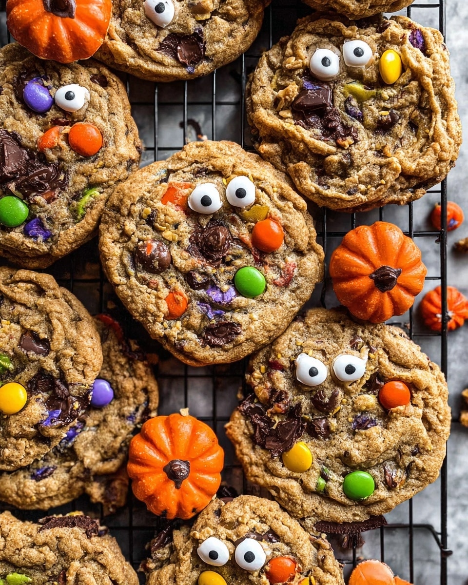 A close-up view of several large homemade cookies with a rough, textured surface, scattered on a dark cooling rack over a white marbled background. Each cookie is decorated with colorful candy pieces in orange, yellow, green, purple, and brown, arranged to resemble eyes and noses; some eyes are round candies with black centers, and others are white candies with black eyelashes. The cookies show a mix of golden-brown dough with darker chocolate chunks and swirls. Small orange decorative pumpkins are placed among the cookies, adding a festive feel. The overall look is playful and inviting, focusing on the mix of textures and colors on the cookies. photo taken with an iphone --ar 4:5 --v 7