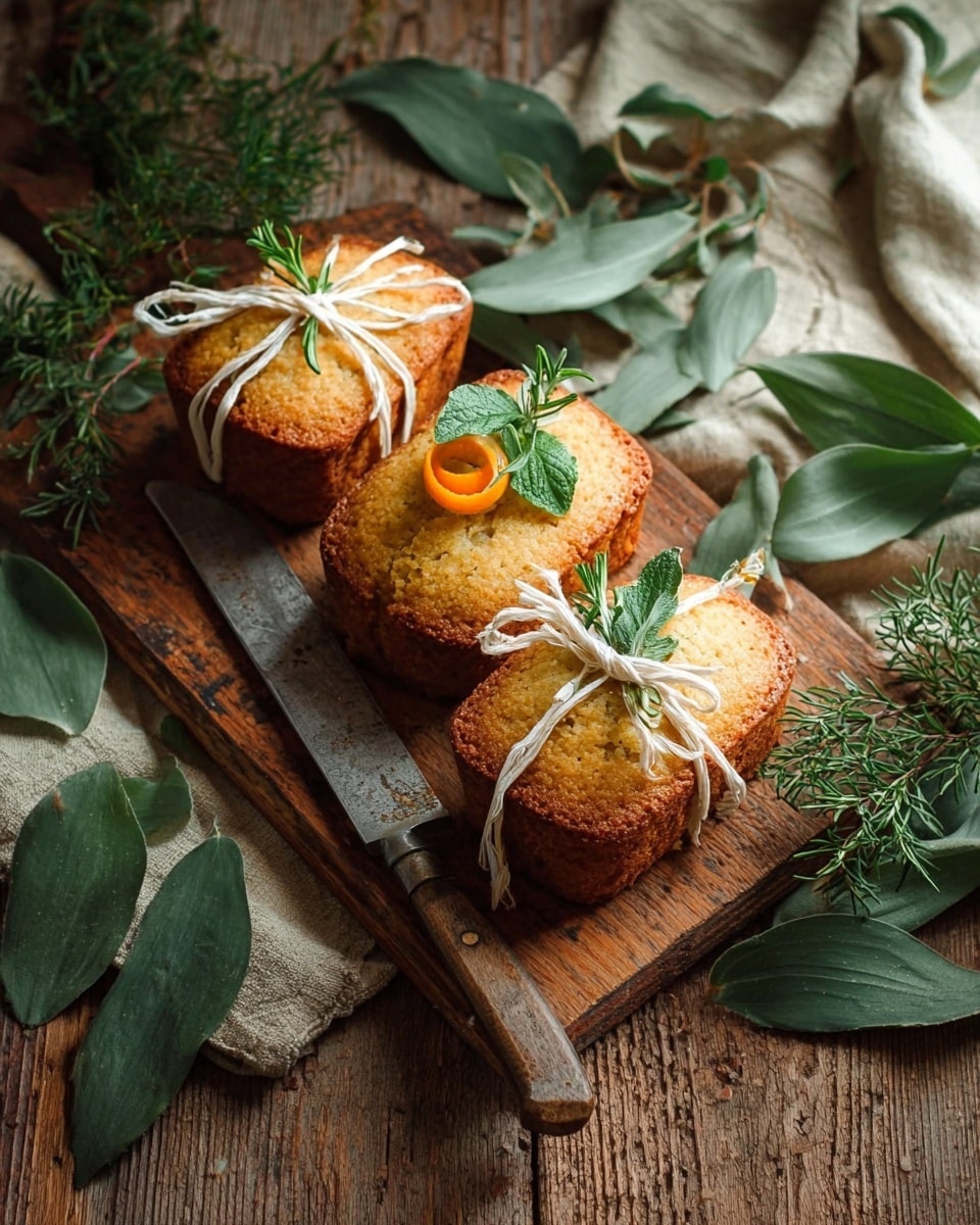 The image shows a small loaf of golden brown bread partially sliced into four pieces, tied with a piece of string that holds a green leaf on top. The bread has a rough texture with a crust that looks slightly crunchy. It rests on a worn wooden cutting board, which sits on a white marbled surface. Around the board, there are green leafy plants and a soft, pale green cloth. A knife with a wooden handle lies next to the bread on the cutting board. The photo taken with an iphone --ar 4:5 --v 7