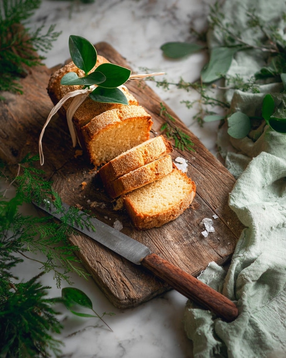 Three small golden brown cakes are placed on a wooden cutting board with a vintage knife beside them. Each cake is wrapped with white string tied in a bow and decorated with small green leaves and herbs; one has a curly orange peel on top. The board sits on a wood surface with green leaves and a green cloth around it. The image has a warm natural light and a cozy rustic feel. Photo taken with an iphone --ar 4:5 --v 7