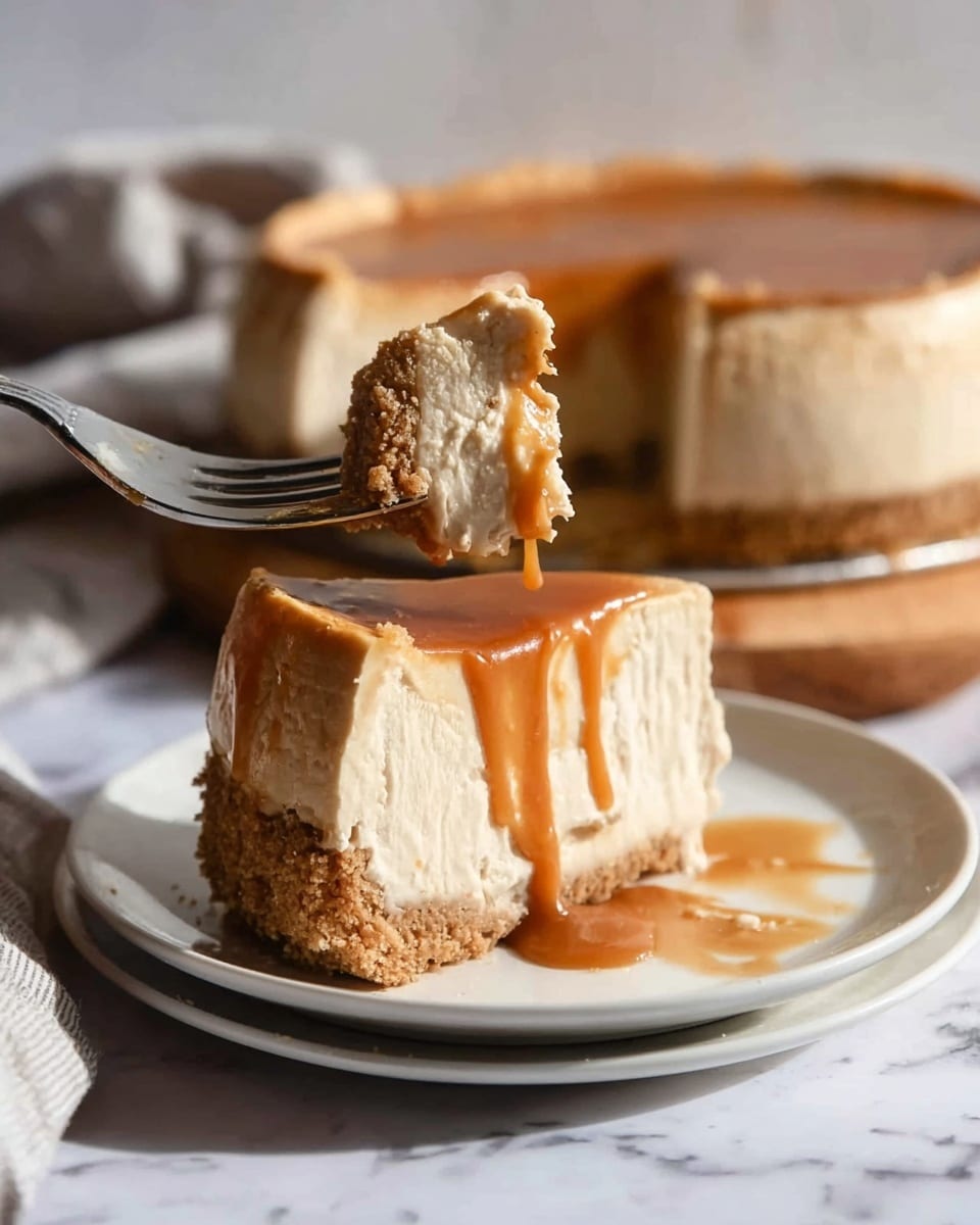 A close-up view of a cheesecake with three layers placed on a white plate with black speckles: the bottom crust is light brown and crumbly, the thick middle layer is creamy and pale beige with a smooth texture, and the top layer is a shiny, rich caramel sauce that slightly drips down the side onto the plate. A spoon with caramel sauce rests on the plate next to the cake, and the background shows a white marbled surface with a blurry cloth in soft grey tones. photo taken with an iphone --ar 4:5 --v 7
