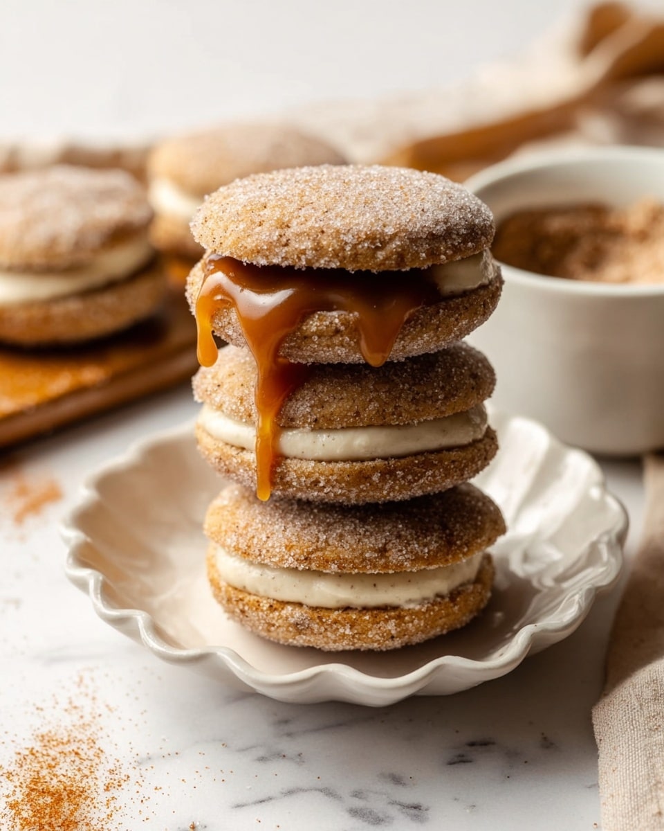The image shows two cookie sandwiches stacked on top of each other placed on a black wire rack. Each sandwich has two round cookies coated with cinnamon sugar, which are light brown and slightly rough in texture. Between the cookies is a thick layer of creamy white filling, smooth and thick. In the top sandwich, a bit of sticky caramel sauce is dripping from the creamy filling. The wire rack sits on a wooden board, with cinnamon sticks and a jar blurred in the white marbled background. Photo taken with an iphone --ar 4:5 --v 7