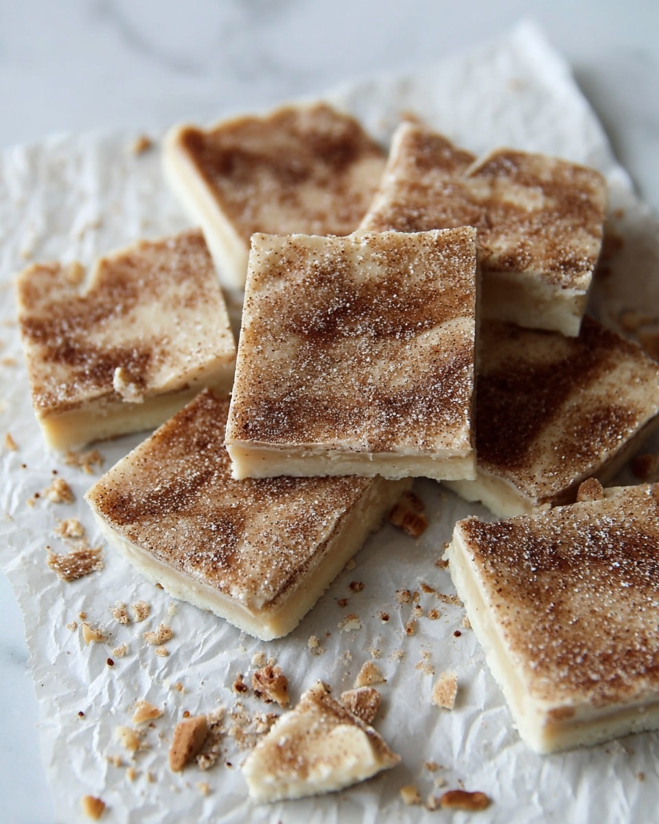 A stack of layered square treats sits on brown paper over a white marbled surface. The treat has five visible layers, alternating between crumbly light brown cracker layers and smooth caramel layers with a slightly shiny texture. Each caramel layer is topped with a thin, creamy white layer that looks like melted white chocolate or icing. The top layer is sprinkled with a light dusting of cinnamon sugar that adds a grainy texture and a warm brown color. Around the stack, there are broken crumbs and pieces scattered on the brown paper. Photo taken with an iphone --ar 4:5 --v 7