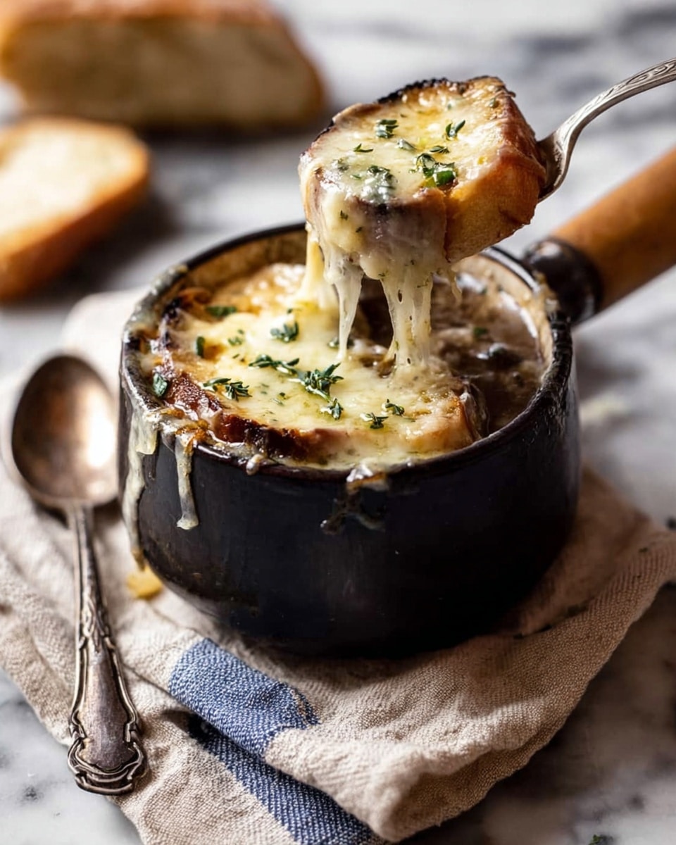 A white pot with a wooden handle holds a soup topped with thick, melted cheese that is golden brown and bubbly with some herbs sprinkled on top. The cheese layer is uneven and overflowing slightly onto the pot’s edges. The pot lid, dark blue, is placed leaning on the side. The pot rests on a beige cloth with blue stripes on a surface with a brown tone. Two vintage silver spoons lie beside the pot on the cloth. The background features a blurred bowl and a piece of bread. photo taken with an iphone --ar 4:5 --v 7