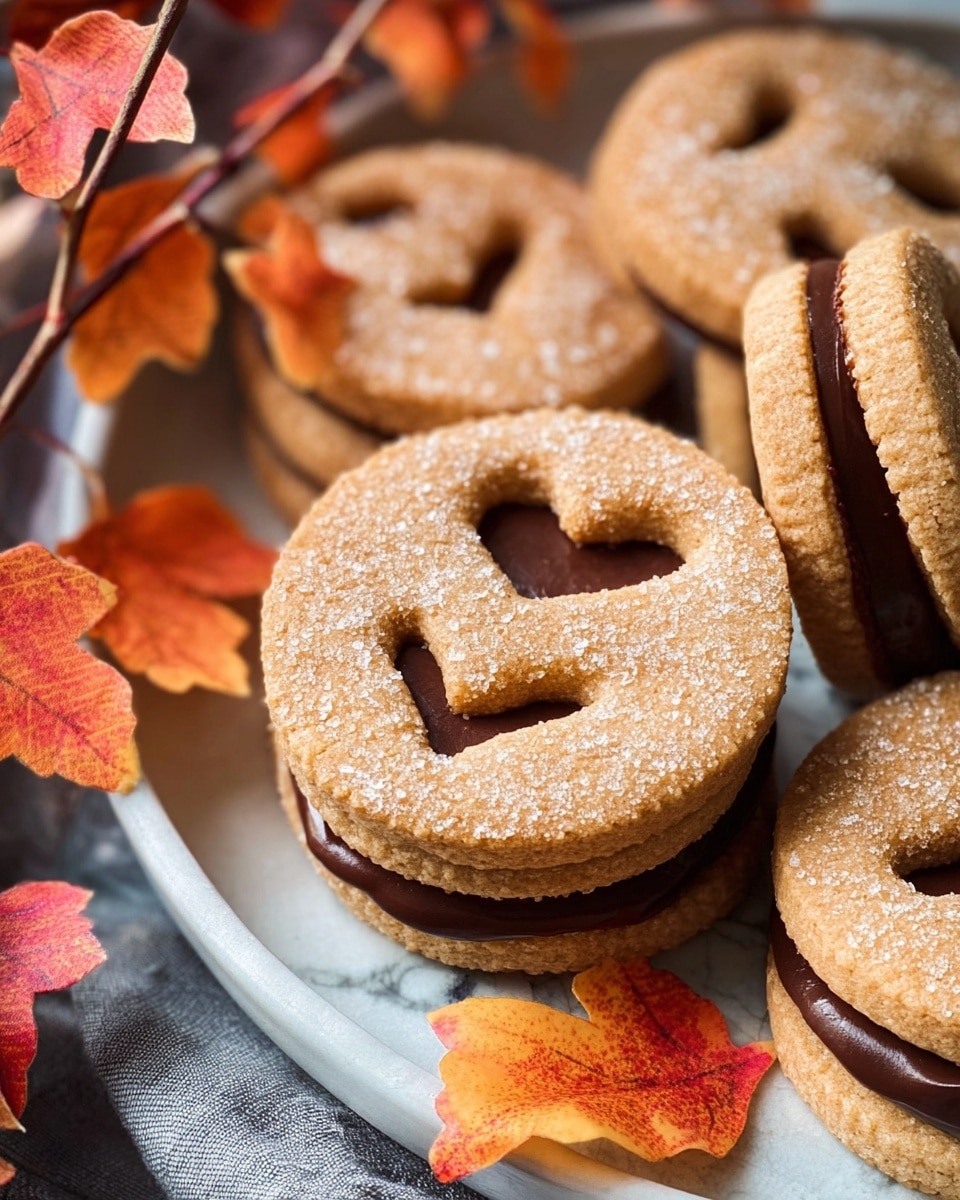 The image shows round sandwich cookies with two layers: the bottom layer is a smooth light brown cookie and the top layer is a matching cookie with a heart-shaped cutout in the center, both covered in sugar crystals giving a slightly rough texture. Between the cookie layers is a thick, glossy dark brown chocolate filling that looks creamy. The cookies are arranged on a white plate with a subtle marbled background, surrounded by small branches with red and orange autumn leaves for decoration. Photo taken with an iphone --ar 4:5 --v 7