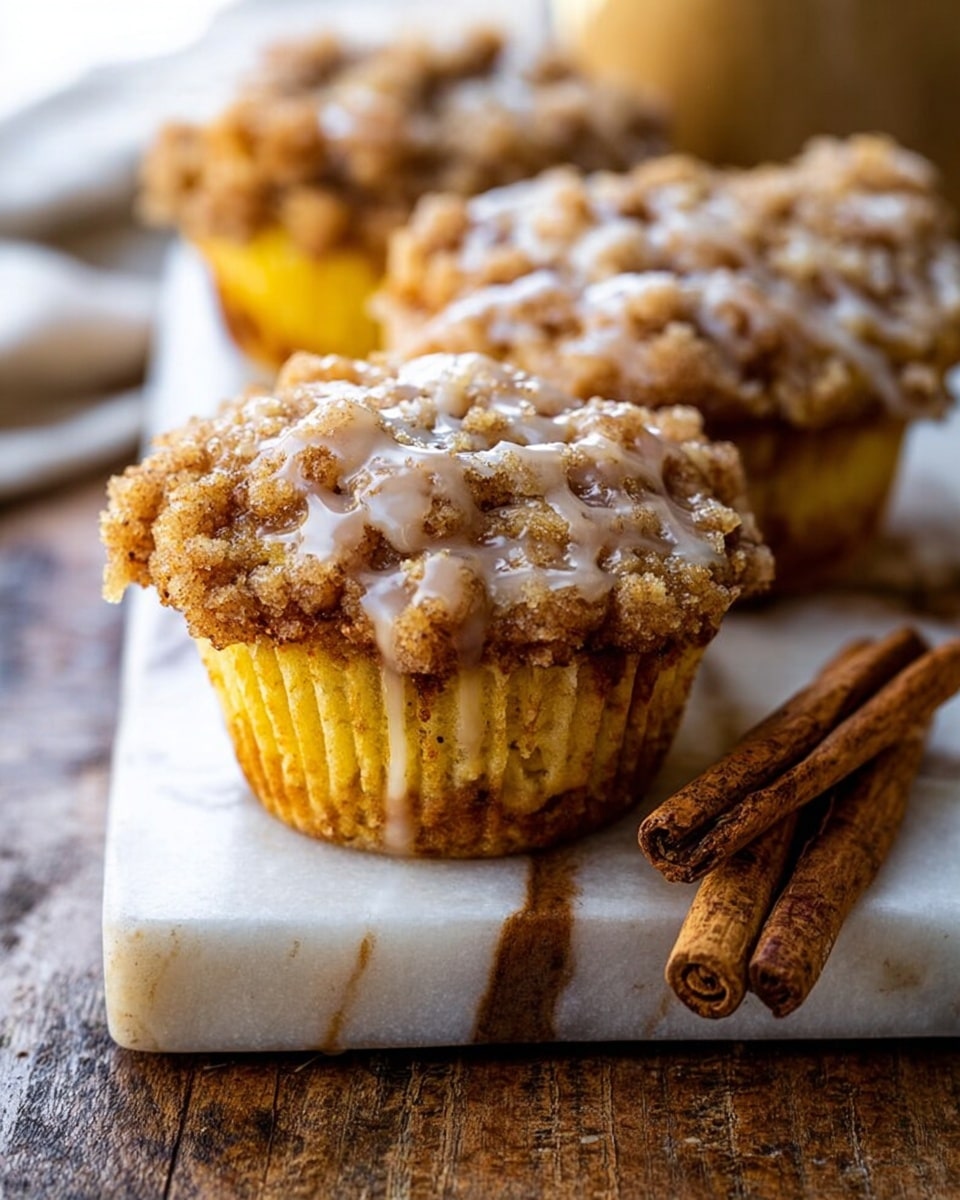 The image shows a close-up of three muffins on a white marbled board placed over a wooden surface. Each muffin has two main layers: a golden-yellow base with a soft texture, and a thick crumbly brown topping that looks crunchy. The top layer is drizzled with a light glaze that shines in the light. Near the muffins, there are two cinnamon sticks arranged in an X shape. The scene is warm and cozy, highlighting the muffins’ texture and glaze. photo taken with an iphone --ar 4:5 --v 7