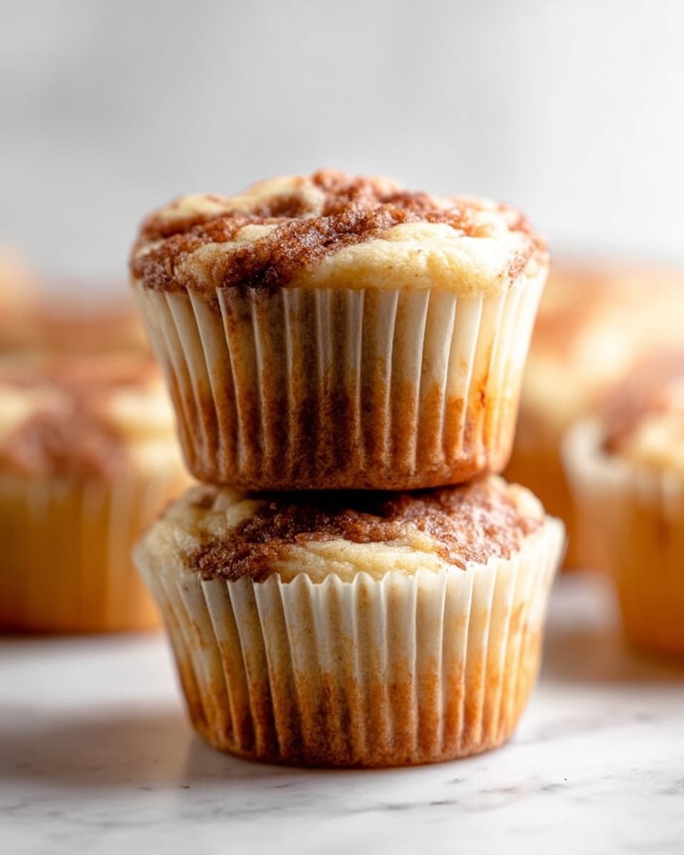 Two mini muffins are stacked one on top of the other on a white marbled surface. Each muffin has a light brown and cream swirled top with a soft, slightly textured surface. The paper liners are light beige and have ridges. In the background, several more muffins are slightly out of focus, also in light beige liners. The lighting is bright, making the muffins look fresh and soft. photo taken with an iphone --ar 4:5 --v 7