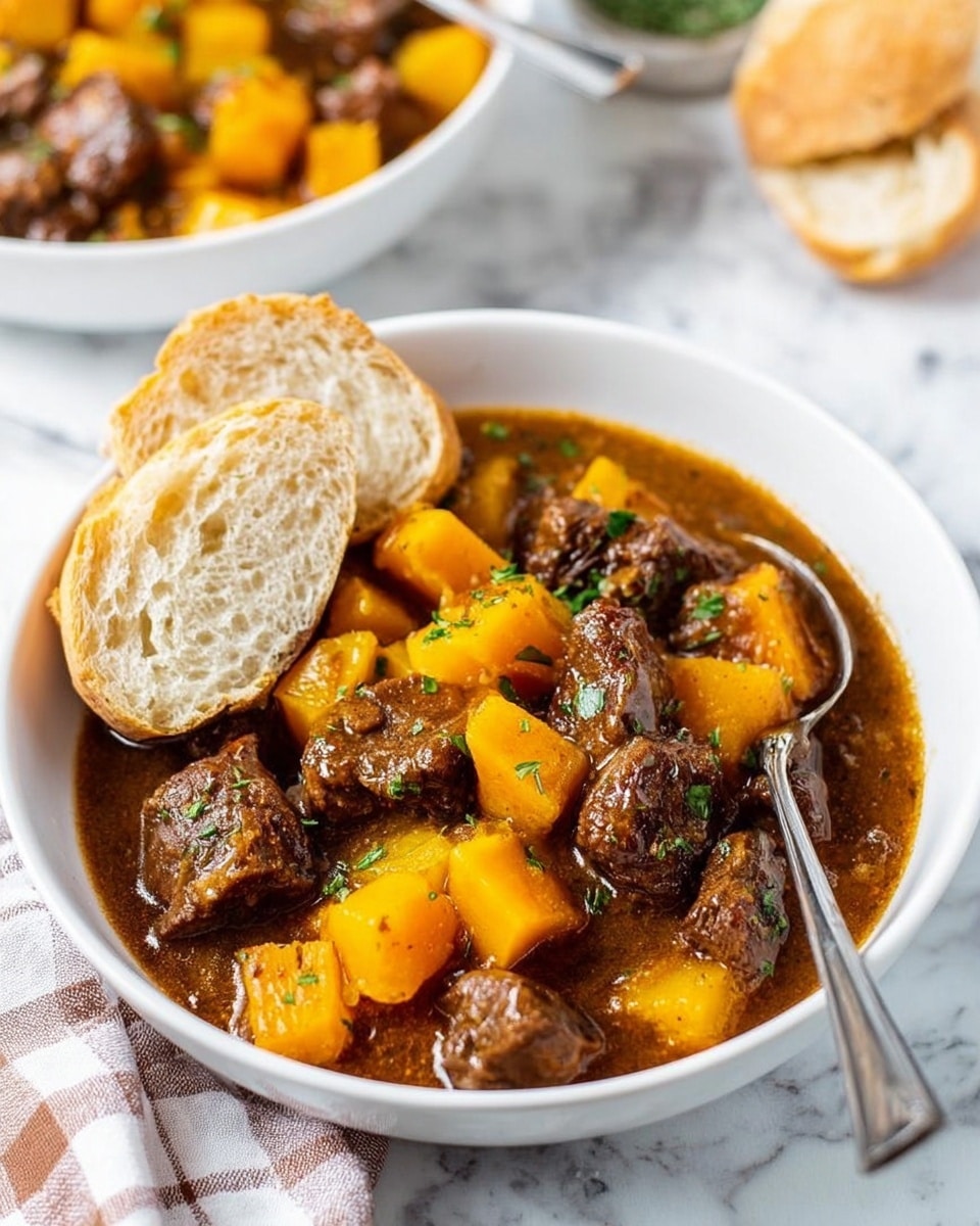 A white bowl filled with a stew showing two main layers: the bottom layer is dark brown pieces of cooked meat with a tender texture, while the top layer has bright orange chunks of cooked squash, soft and slightly shiny. A silver spoon is resting inside the bowl, slightly submerged in the stew. Around the bowl is a white marbled surface with a few pieces of torn bread on the upper right side. The photo taken with an iphone --ar 4:5 --v 7