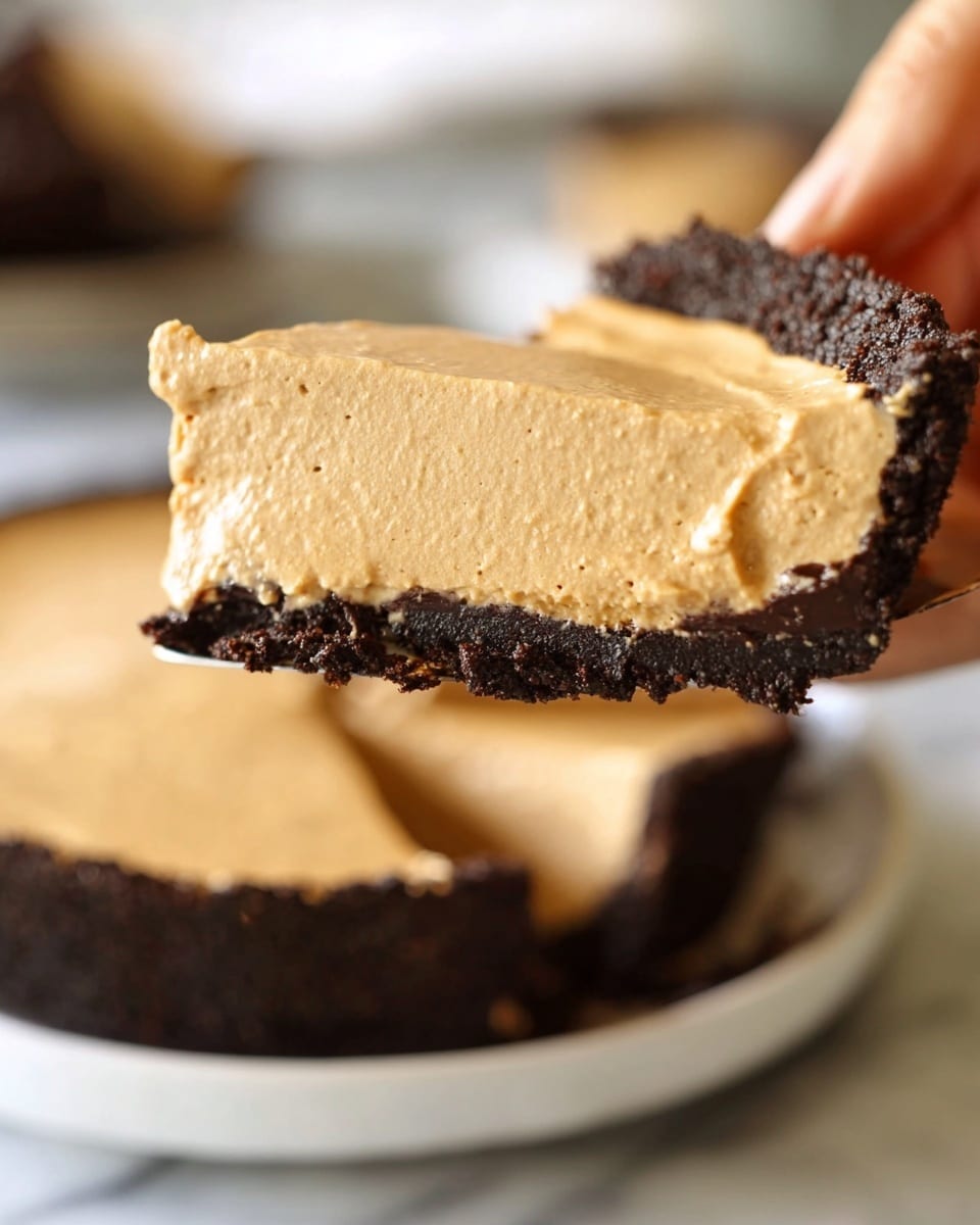 A pie with two clear layers is shown in a white pie dish with scalloped edges, placed on a white marbled surface. The bottom layer is dark brown and crumbly, forming the thick crust that lines the dish's base and sides. The top layer is a smooth, light tan filling, thick and creamy, spread evenly over the crust with soft texture visible where a wedge-shaped slice is removed from the pie. The slice reveals the firm but creamy inside of the filling sitting on the dark crust. Photo taken with an iphone --ar 4:5 --v 7