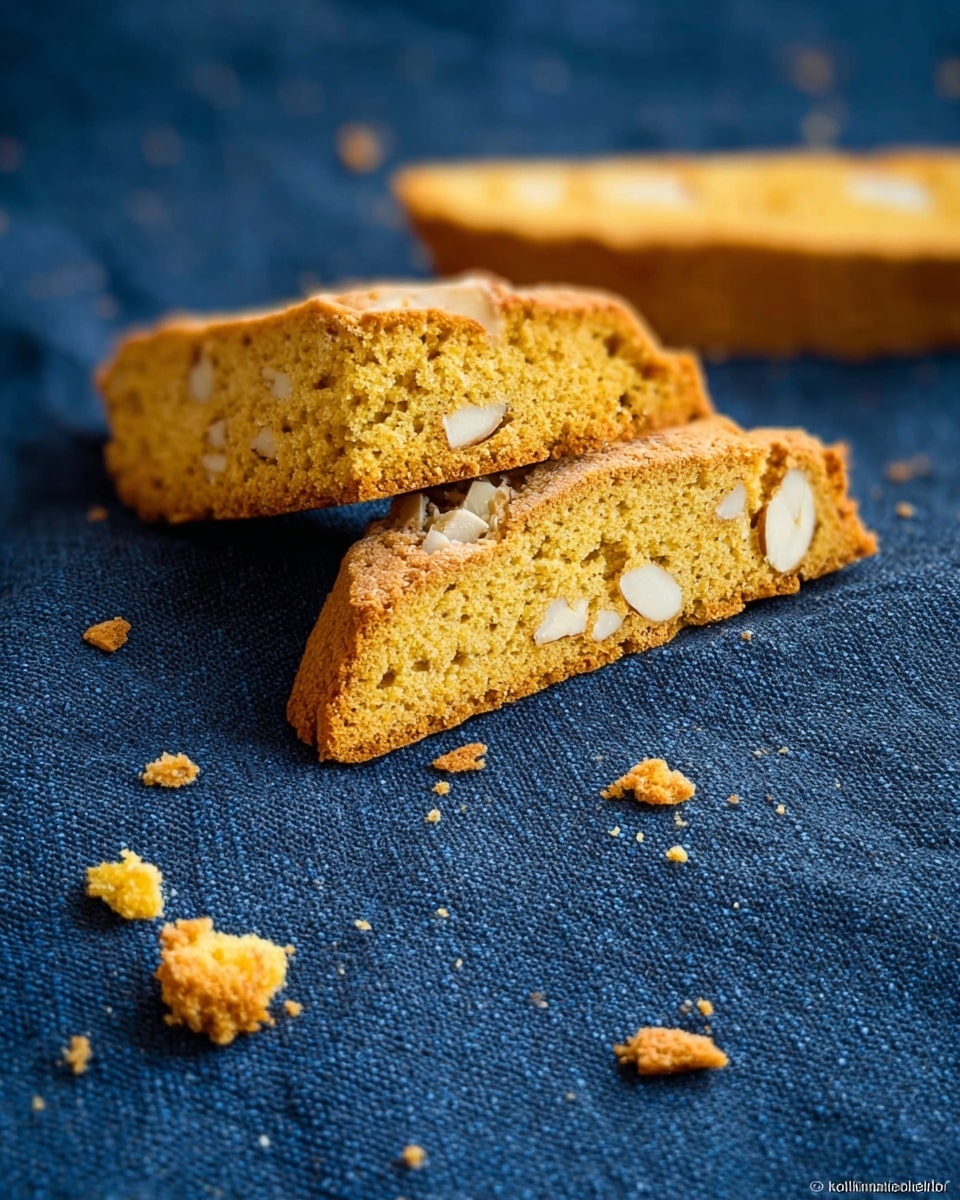 The image shows four pieces of golden-brown biscotti arranged on a white plate. Each biscotti piece has a rough texture with visible small chunks of nuts and dried fruit inside. The biscotti are placed in a loose group on the plate, which sits on a white marbled surface. To the right of the plate, a bright orange cloth is partially visible, adding a pop of color to the background. The lighting is natural and soft, highlighting the crunchiness of the biscotti. Photo taken with an iphone --ar 4:5 --v 7