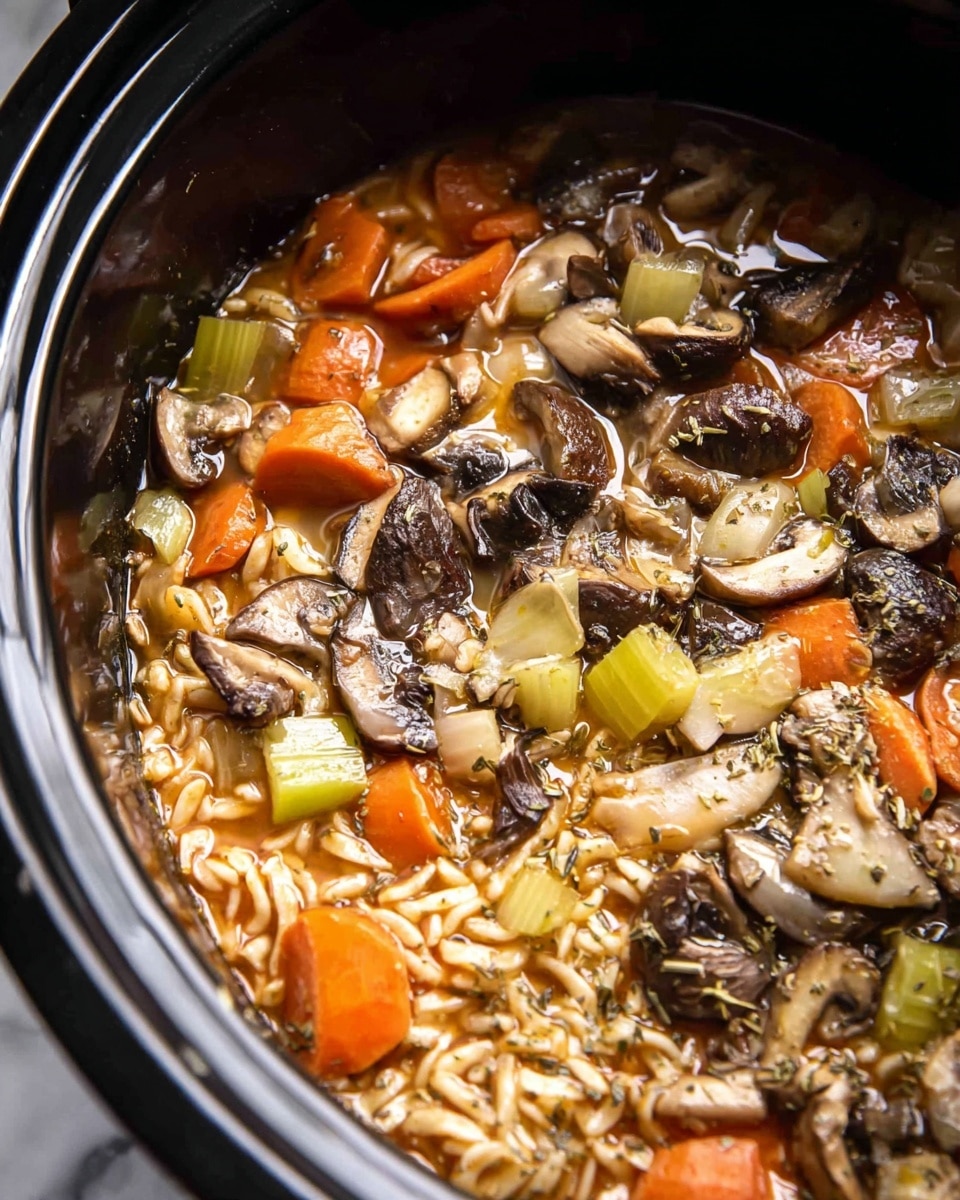 The image shows a close-up of a stew or soup with several visible layers and textures. The bottom layer is a dark pot or slow cooker edge in black, filled with a mixture of light tan noodles or grains. Intermixed on top are various vegetables including round slices of orange carrots, pale green celery, and chunks of translucent onion. There are multiple pieces of dark brown mushrooms sliced and spread evenly throughout, with a light herb seasoning sprinkled over everything. The stew is in a thin liquid broth that appears shiny with an orange tint, covering the ingredients in a glossy layer. The background is a white marbled texture. photo taken with an iphone --ar 4:5 --v 7