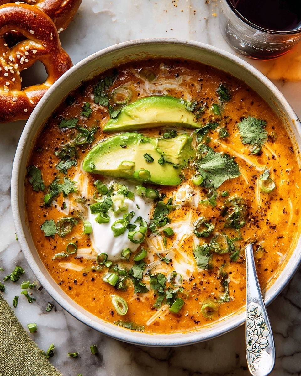 A white bowl filled with spicy orange soup with visible shredded chicken pieces layered at the bottom, topped with melted white cheese, bright green chopped scallions, dark green chopped cilantro, and three slices of light green avocado on one side. A silver spoon rests inside the bowl on the right. The bowl sits on a white marbled surface next to a sesame seed bagel, half eaten, and a glass cup filled with a dark drink. photo taken with an iphone --ar 4:5 --v 7