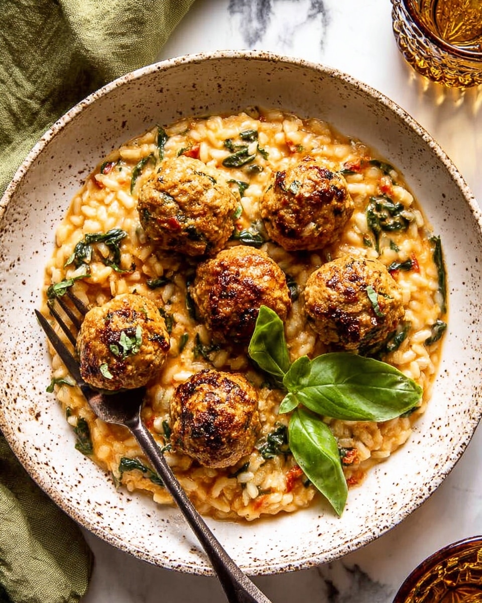 A white ceramic bowl with dark speckles holds a creamy risotto base with visible short rice grains mixed with small pieces of spinach and sun-dried tomatoes, creating layers of creamy white and green with pops of reddish orange. On top of the risotto, there are five round browned meatballs, each with a rough textured surface seasoned with visible herbs and black pepper. Two fresh green basil leaves are placed on the risotto for garnish. A silver fork is stuck into the risotto, lifting one meatball revealing a soft inside with grains and herbs. The bowl is on a white marbled surface with a slight warm light shining from the side. Photo taken with an iphone --ar 4:5 --v 7