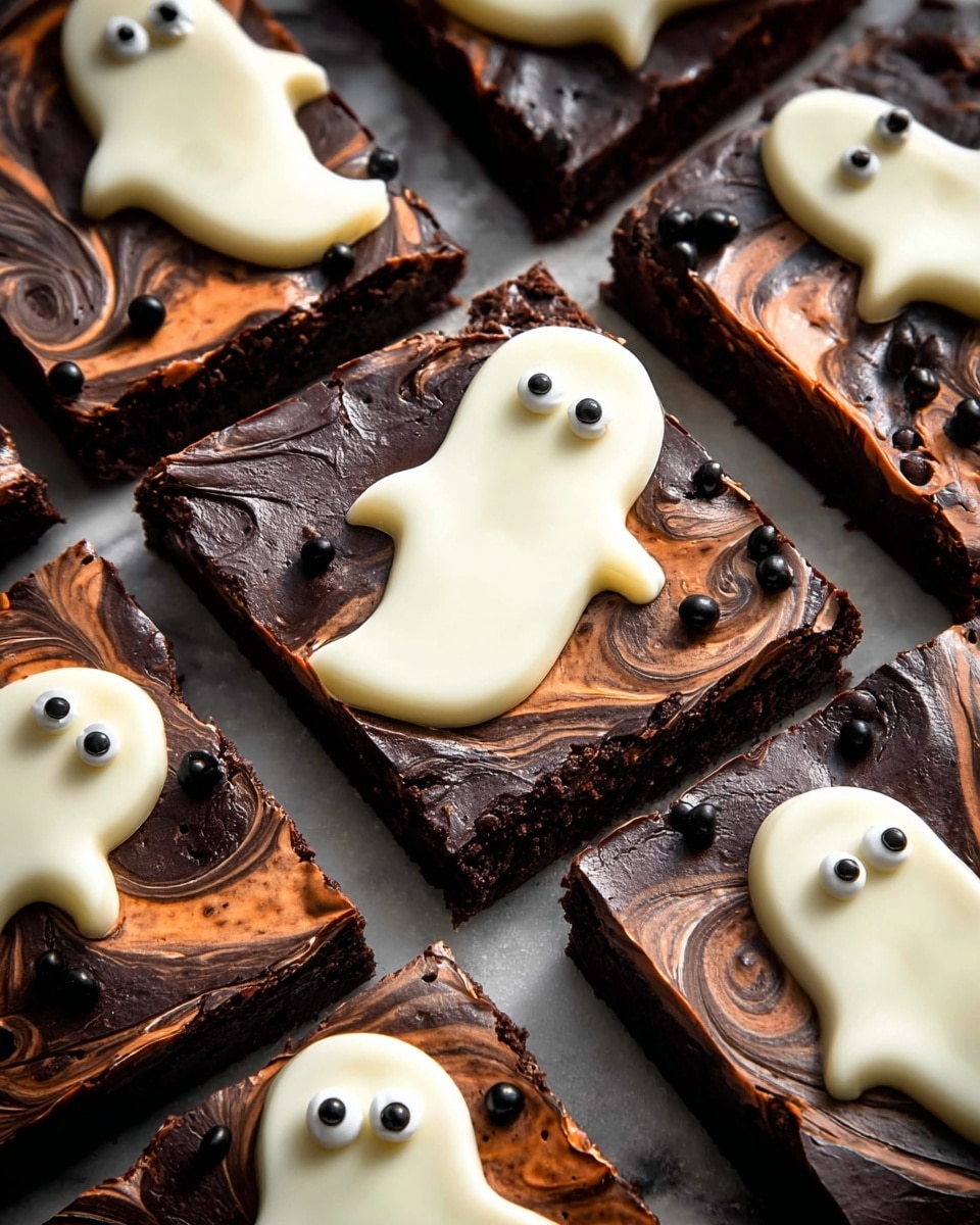 The image shows a tray of chocolate bark broken into irregular shaped pieces, each piece topped with white chocolate shaped like small ghosts with two candy eyes. The bark has a dark brown chocolate base with swirls of lighter chocolate mixed in, creating a marbled effect. The ghosts are scattered across the surface, and some pieces are sprinkled with crushed black cookie crumbs. The bark rests on parchment paper, and two small orange pumpkins sit in the top corner for decoration. The background is a white marbled texture photo taken with an iphone --ar 4:5 --v 7