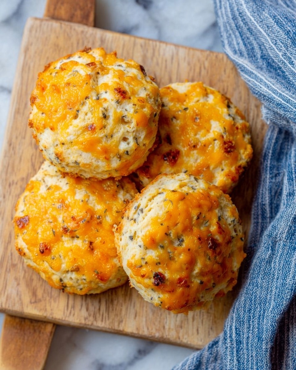 The image shows four round, golden-brown cheese and herb biscuits arranged in a loose cluster on a light wood cutting board, which sits on a white marbled surface. Each biscuit has a textured top with melted orange cheddar cheese visibly melted and slightly browned, mixed with bits of herbs and small dark specks throughout the light biscuit dough. One biscuit is slightly on top of the others, showing its rounded edges and fluffy, soft interior. A blue and white striped cloth is partly visible at the right edge of the cutting board. Photo taken with an iphone --ar 4:5 --v 7