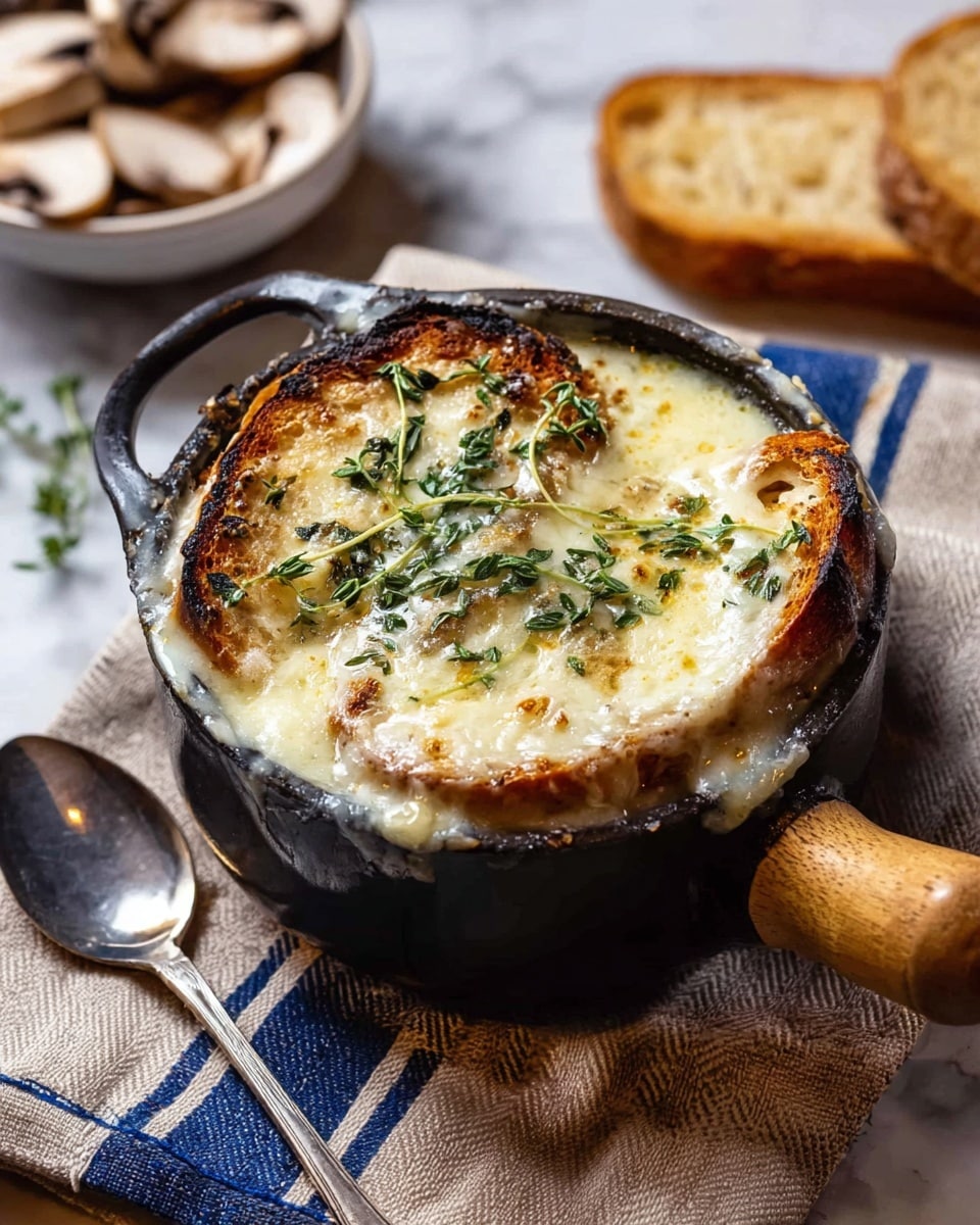A small black pot with a wooden handle is filled with a thick layer of creamy melted cheese and toasted bread on top, with fresh green herb sprigs scattered over it. The bread edges are browned and slightly crispy, showing a rough texture, while the melted cheese is smooth and bubbly with some golden spots. The pot sits on a beige cloth with blue stripes, next to a silver spoon resting on the cloth. In the background, there is a white bowl with sliced mushrooms and a piece of bread on a white marbled surface. photo taken with an iphone --ar 4:5 --v 7