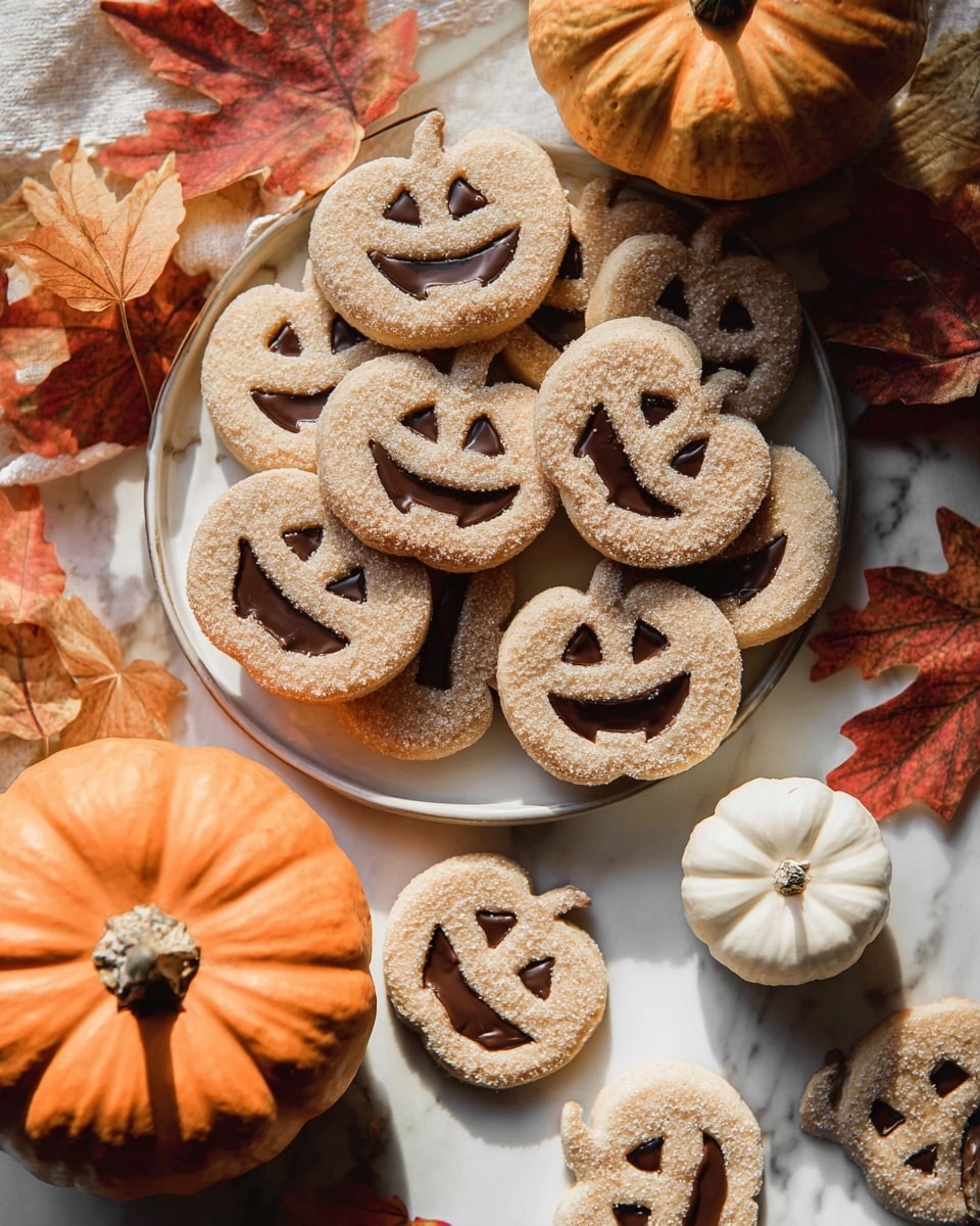 The image shows several pumpkin-shaped cookies arranged on a dark white plate, placed on a white marbled surface. Each cookie has two layers: the bottom layer is a solid cookie with a smooth texture, and the top layer is another cookie with cut-out shapes for eyes, nose, and mouth revealing a dark chocolate filling between the layers. The top cookie layer is coated with a fine sugar dusting, giving it a sparkling texture. The cookies have warm, light brown tones and look soft yet firm. There are autumn leaves and a small gourd placed nearby, enhancing the fall theme. Photo taken with an iphone --ar 4:5 --v 7