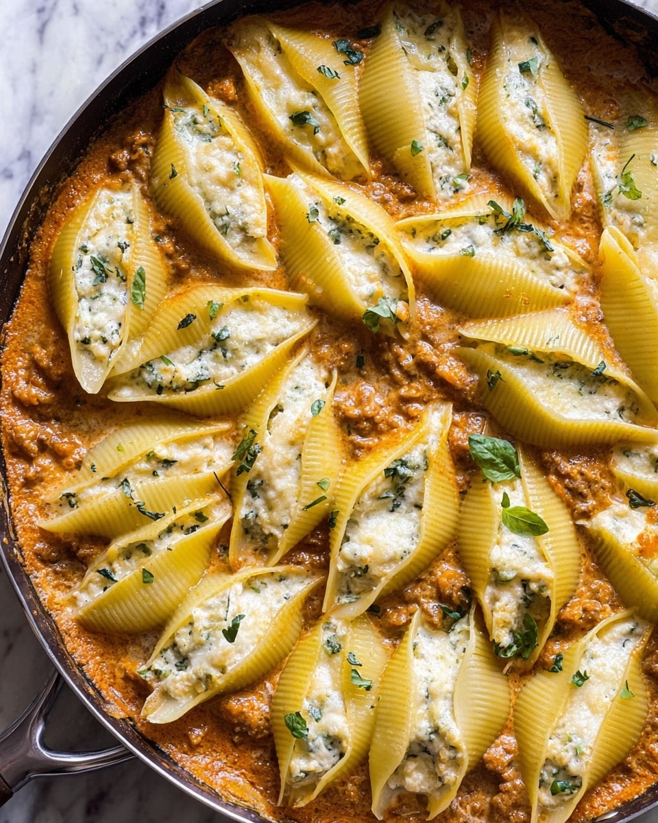 A round pan filled with stuffed large pasta shells arranged in a slightly overlapping pattern, each shell is golden yellow and has a textured, ridged surface. The shells are filled with a creamy, white cheese mixture that peeks out in soft dollops. Beneath the shells is a thick layer of orange-brown sauce with a smooth and slightly chunky texture. Small green herb leaves are scattered evenly on and around the pasta shells, adding fresh color contrast. The pan sits on a white marbled surface. Photo taken with an iphone --ar 4:5 --v 7