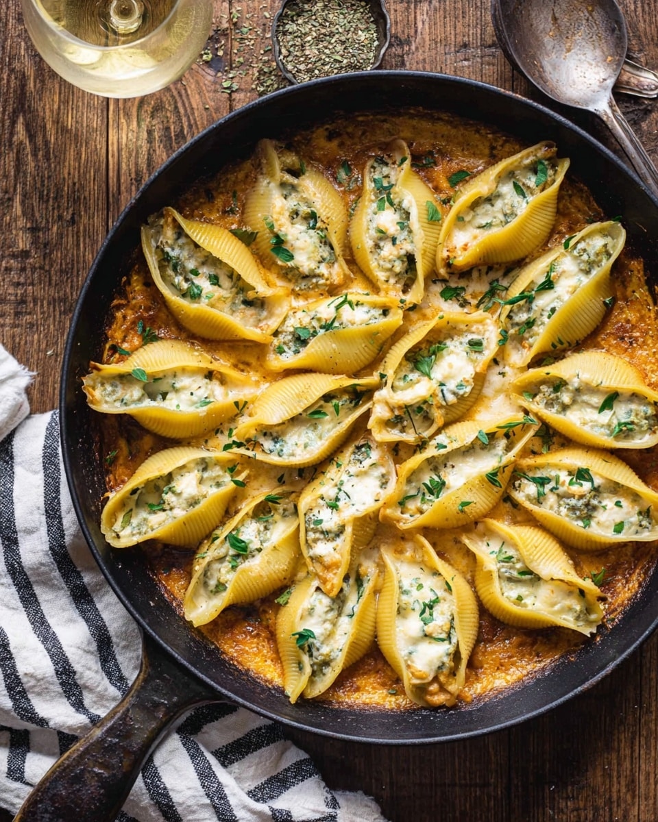 The image shows a black cast iron pan filled with large yellow pasta shells stuffed with a creamy white cheese filling layered with green herbs. The shells rest on a thick layer of brown meat sauce with a reddish-orange tint and melted white cheese patches spread on top. There are small green herb leaves scattered over the pasta, adding a fresh look. The pan sits on a wooden surface, and a metal spoon is lifting one shell revealing the textured cheese inside. photo taken with an iphone --ar 4:5 --v 7