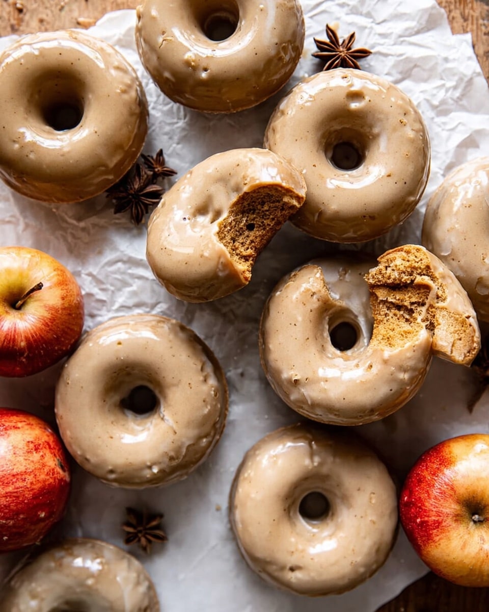 The image shows a group of round donuts with a shiny light brown glaze on top. There are about nine donuts, some whole and some torn into pieces, revealing a soft, moist, orange-brown inside. The donuts are placed directly on a white marbled surface with some crumpled white parchment paper underneath a few of them. Around the donuts, there are a few apples with red and yellow skin and some whole spices scattered like star anise. The lighting highlights the smooth texture of the glaze and the crumbly inside of the torn donuts. photo taken with an iphone --ar 4:5 --v 7