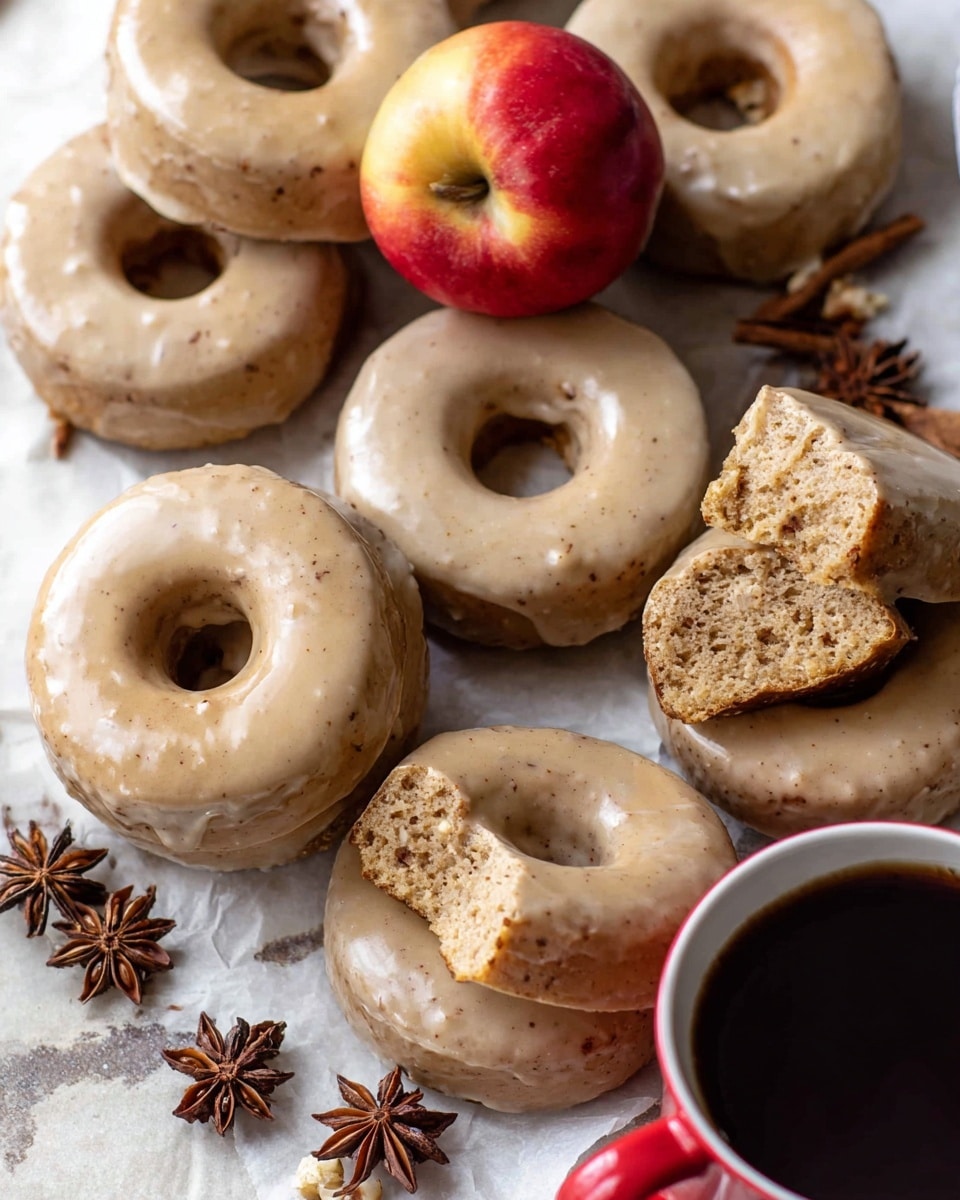 The image shows a group of round donuts with a smooth, light brown glaze covering the top and sides, giving them a shiny look. The donuts are arranged close together on a white marbled surface, with some broken pieces showing a soft, crumbly inside of a warm golden brown color. In the background, a red apple adds a pop of color, and there is also a star anise visible, adding a touch of spice in the scene. The glaze has tiny dark specks evenly spread across it, enhancing the texture. photo taken with an iphone --ar 4:5 --v 7