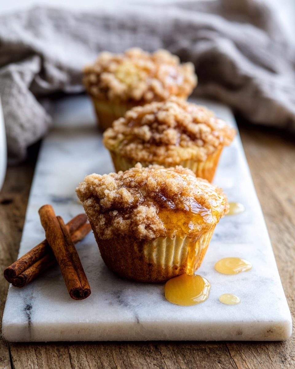 The image shows three muffins with a crumbly, golden-brown topping placed on a white marbled surface. The front muffin is split open, revealing a soft, moist, light golden inside with syrup slowly dripping down its sides. Two cinnamon sticks lie next to the muffins, adding a rustic touch. The background is blurred and warm-toned, enhancing the cozy feeling of the scene. photo taken with an iphone --ar 4:5 --v 7