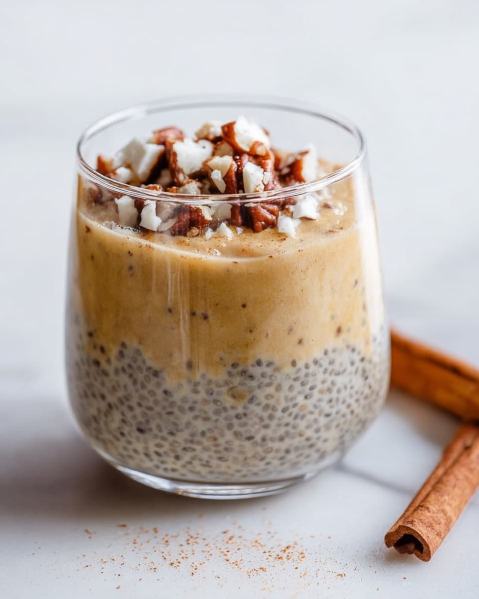 A clear glass filled with three layers: the bottom two-thirds is a creamy, speckled oatmeal layer with visible chia seeds, light brown in color with a textured look; the next thin layer at the top has banana slices with a dusting of cinnamon, and small pieces of pecans scattered over them; a dollop of white whipped cream sits beside the banana and pecans, slightly melting into the oatmeal. A silver spoon is inside the glass, and the glass is placed on a white marbled surface with cinnamon sticks and pecans near it. The photo taken with an iphone --ar 4:5 --v 7