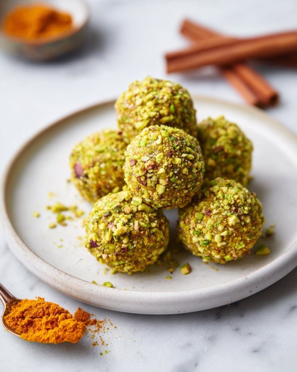 The image shows a close-up view of round treats covered fully in crushed green pistachios. Each piece has a rough, crumbly outer layer made of small, uneven pistachio bits. The treats are stacked, with one piece on top showing a hollowed, brown center where the nutty filling is visible. The texture looks crunchy on the outside, with a soft middle. The background has a white marbled texture, making the green and brown colors of the treats stand out clearly. photo taken with an iphone --ar 4:5 --v 7