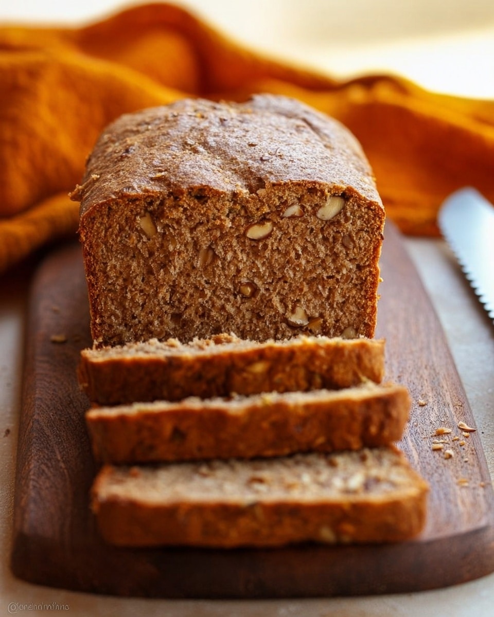 A loaf of brown nut bread with a slightly shiny, cracked top sits on a wooden board, with three slices cut and laid flat in front of it. The inside is dense with visible nut pieces and a soft crumb texture, showing a warm light brown color. The bread looks fresh and homemade, with a serrated knife partially visible to the right. The background includes a soft-focus, warm orange cloth and a bright, out-of-focus area beyond the board. photo taken with an iphone --ar 4:5 --v 7