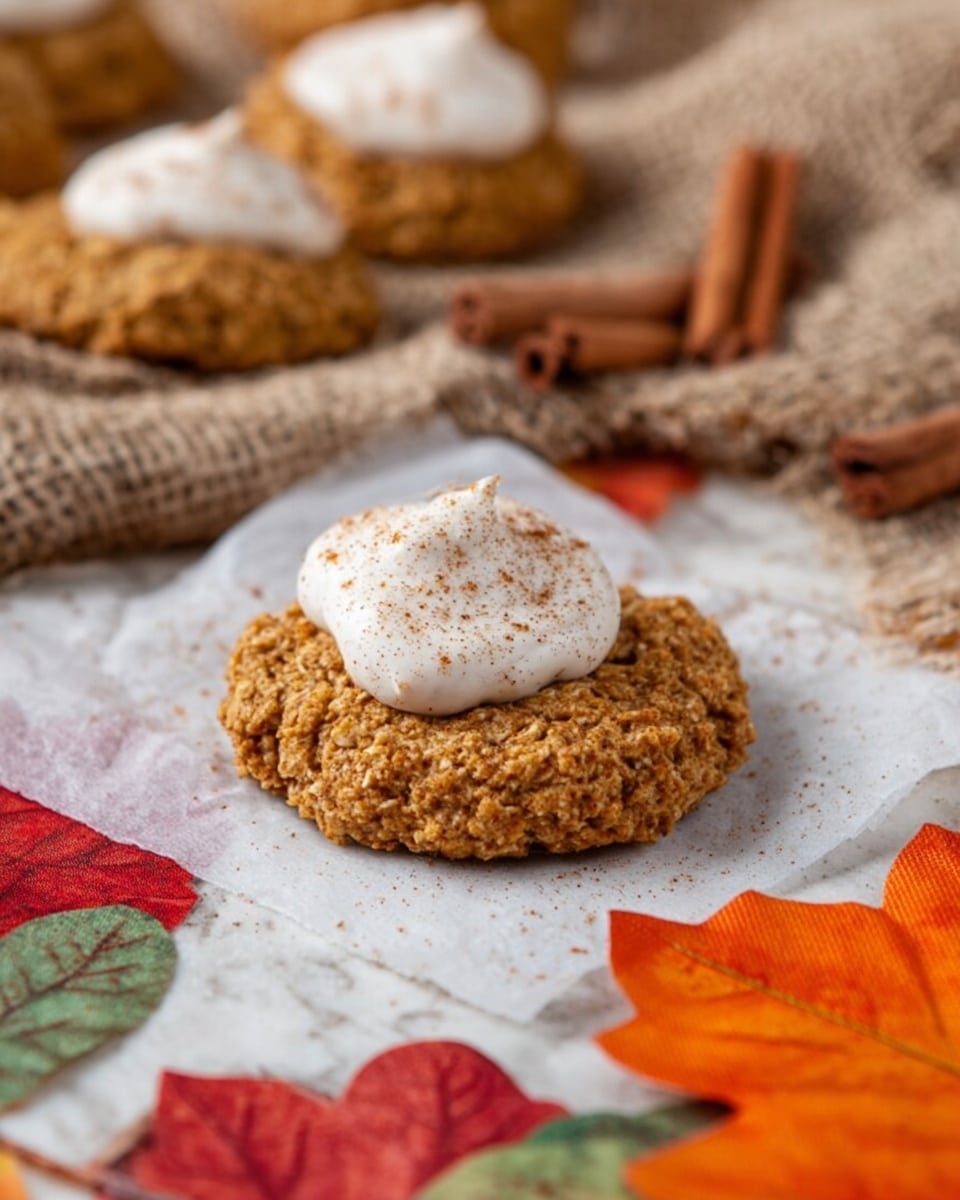The image shows a single round oatmeal cookie with a rough, grainy texture, placed on a piece of white parchment paper at the center of the frame. The cookie is topped with a dollop of smooth white cream sprinkled lightly with brown spice. In the background, there are several more similar oatmeal cookies, slightly out of focus, resting on a burlap cloth. To the right, an orange and green autumn leaf adds a touch of color. The scene is set on a white marbled surface with scattered cinnamon sticks and red and orange fall leaf patterns. Photo taken with an iphone --ar 4:5 --v 7
