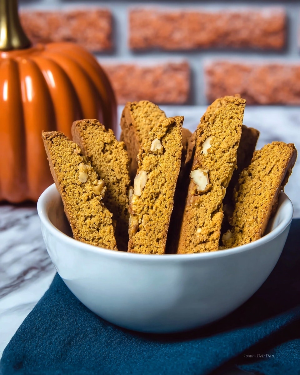 A white bowl filled with six tall slices of orange-brown biscotti standing upright, showing a rough and crunchy texture with bits of nuts inside. The bowl sits on a dark blue cloth, and to the left behind it is a shiny, orange pumpkin-shaped decoration. The background is a white marbled texture with some blurry warm-toned bricks. The photo taken with an iphone --ar 4:5 --v 7