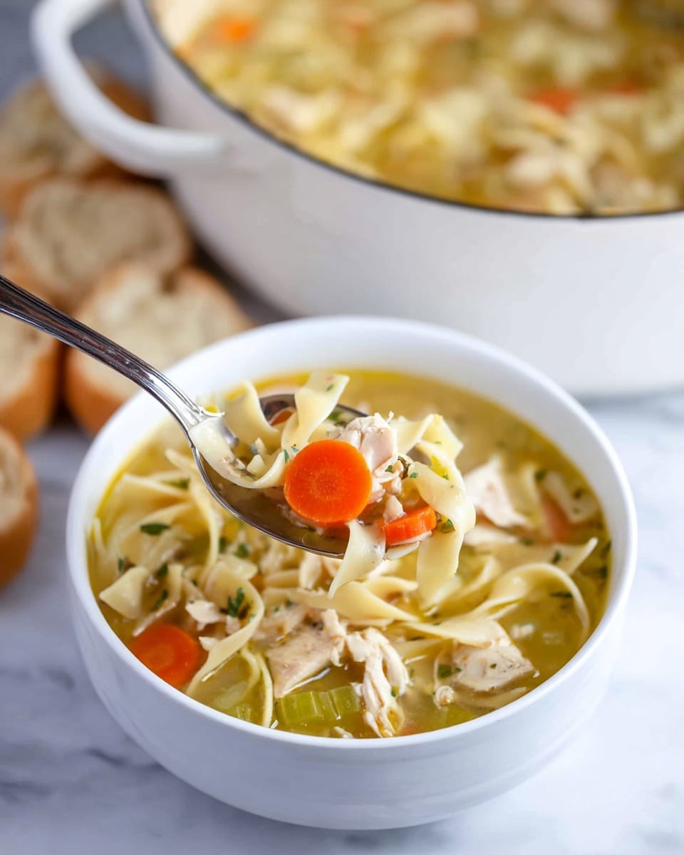 A close-up view of a white bowl filled with chicken noodle soup, showing layers of thin, flat egg noodles mingled with light brown pieces of chicken, bright orange carrot slices, and green celery chunks all immersed in a clear, yellow broth. Above the bowl, a silver spoon holds a scoop of the soup with a prominent carrot slice and noodles hanging slightly. Behind the bowl, a large white pot filled with more soup and scattered round bread pieces can be seen on a white marbled surface. Photo taken with an iphone --ar 4:5 --v 7
