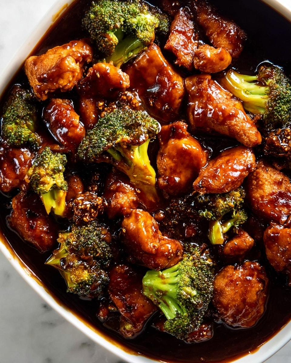 The image shows a close-up of a dark white dish filled with glossy pieces of chicken coated in a thick, shiny brown sauce mixed with small broccoli florets. The chicken pieces are rich brown with a slightly caramelized look, and the broccoli is a deep green color with some yellowish highlights, all sitting in the sauce that pools around the ingredients. The texture of the sauce looks smooth and sticky, adding a moist shine to the chicken and broccoli. The dish is placed on a white marbled surface. photo taken with an iphone --ar 4:5 --v 7